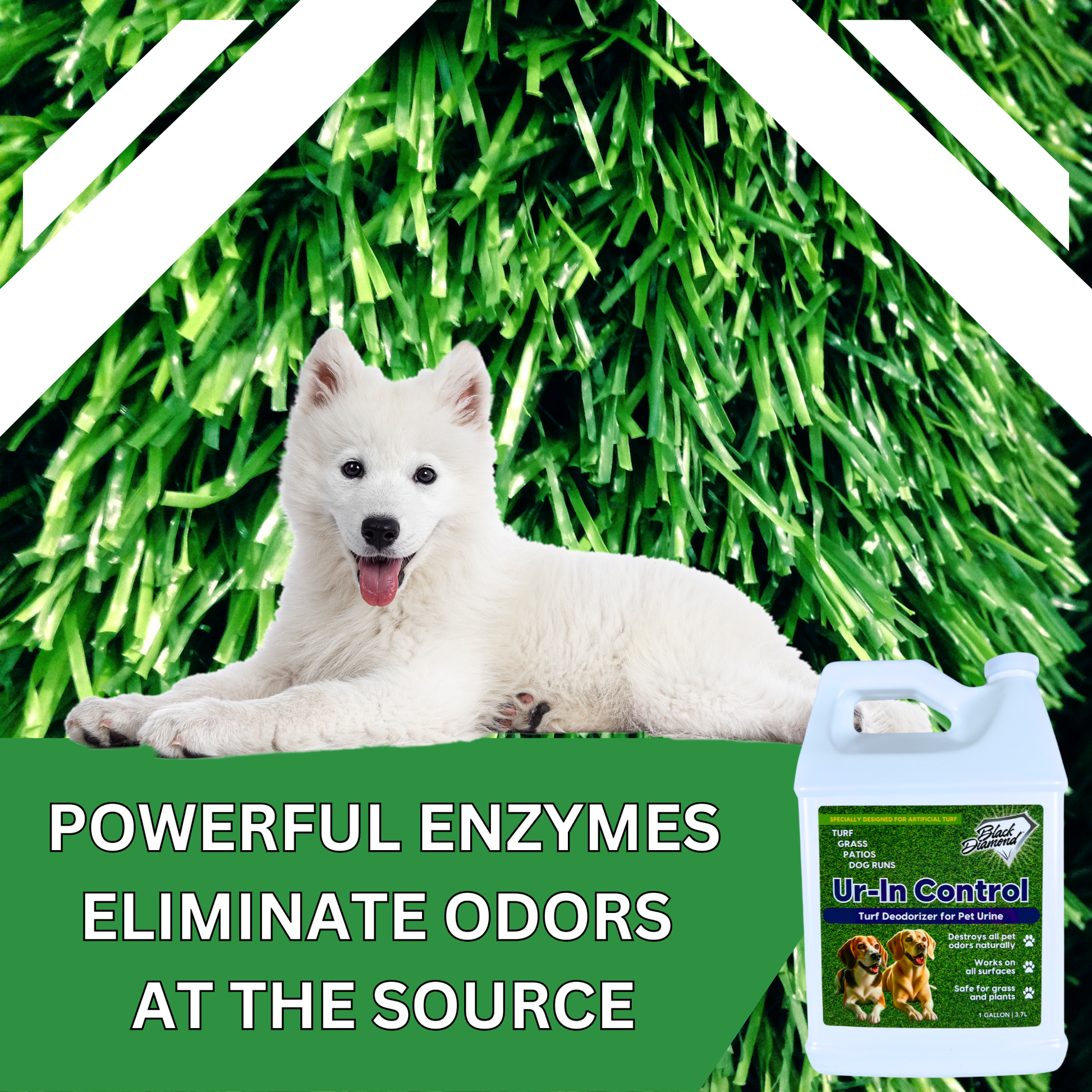 White dog lying on grass with a bottle of 'Ur-In Control' product in the foreground.