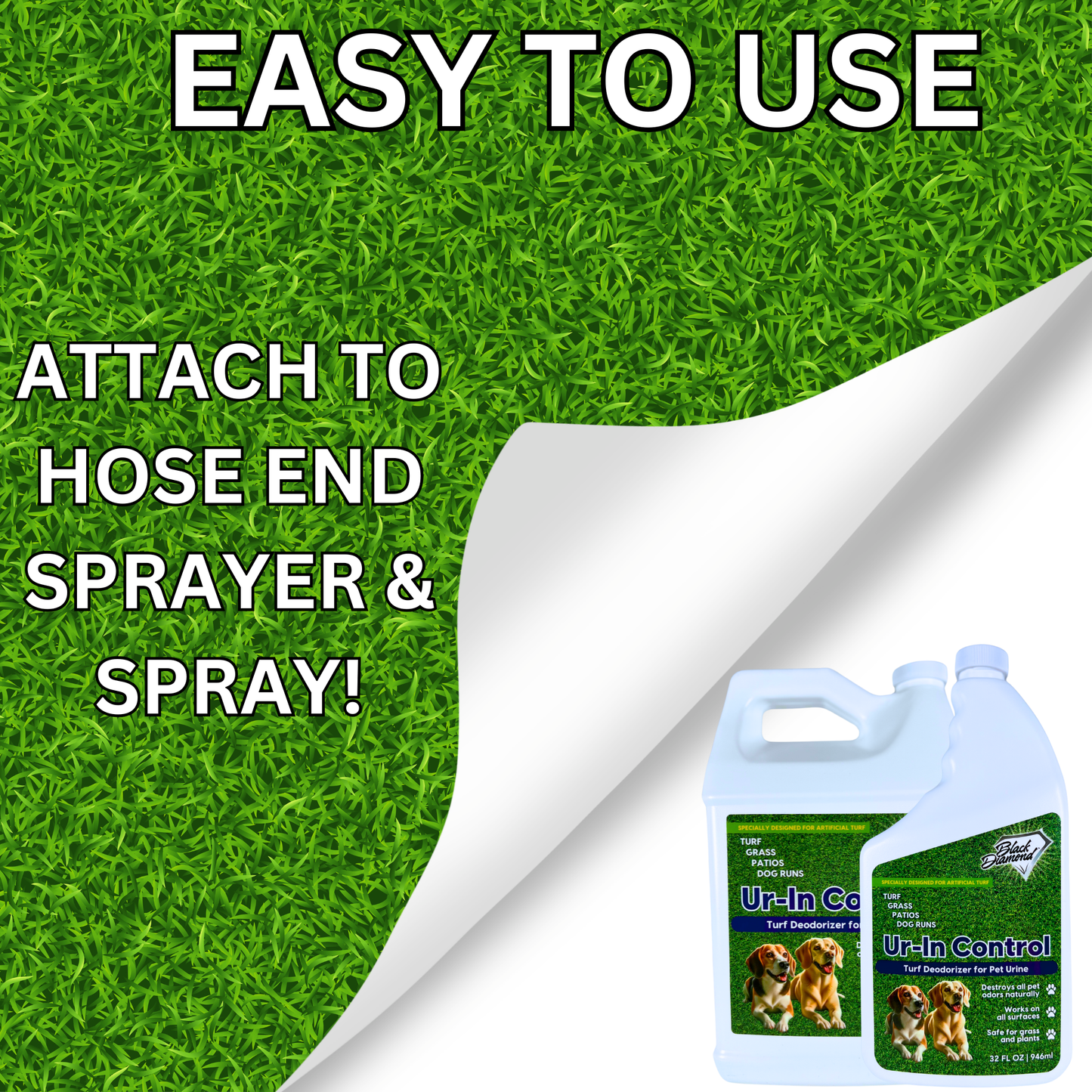 Ur-in Control product with text 'Easy to use, attach to hose end sprayer & spray' on a grass background