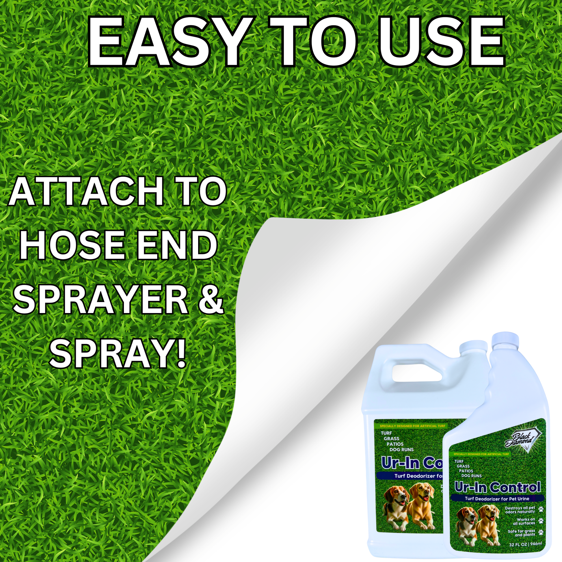 Ur-in Control product with text 'Easy to use, attach to hose end sprayer & spray' on a grass background