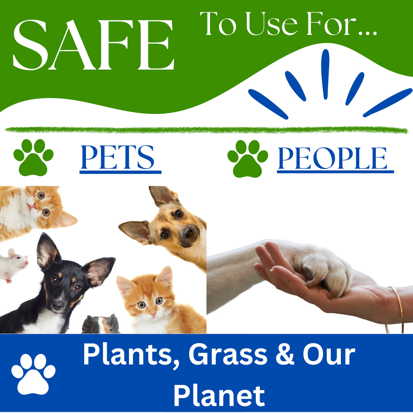 Product safety label for pets and people with images of animals and a hand, and text about plant and grass safety.