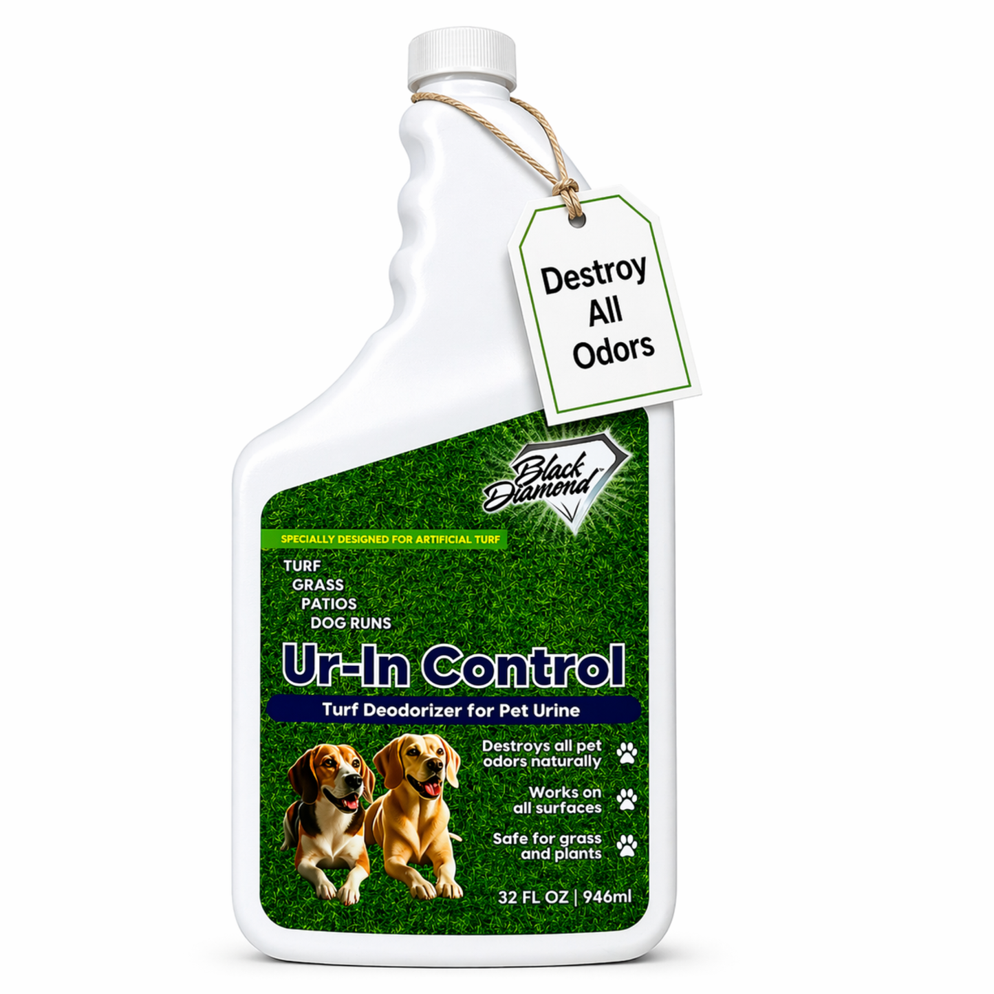 Bottle of Black Diamond Ur-In Control with a tag on a white background