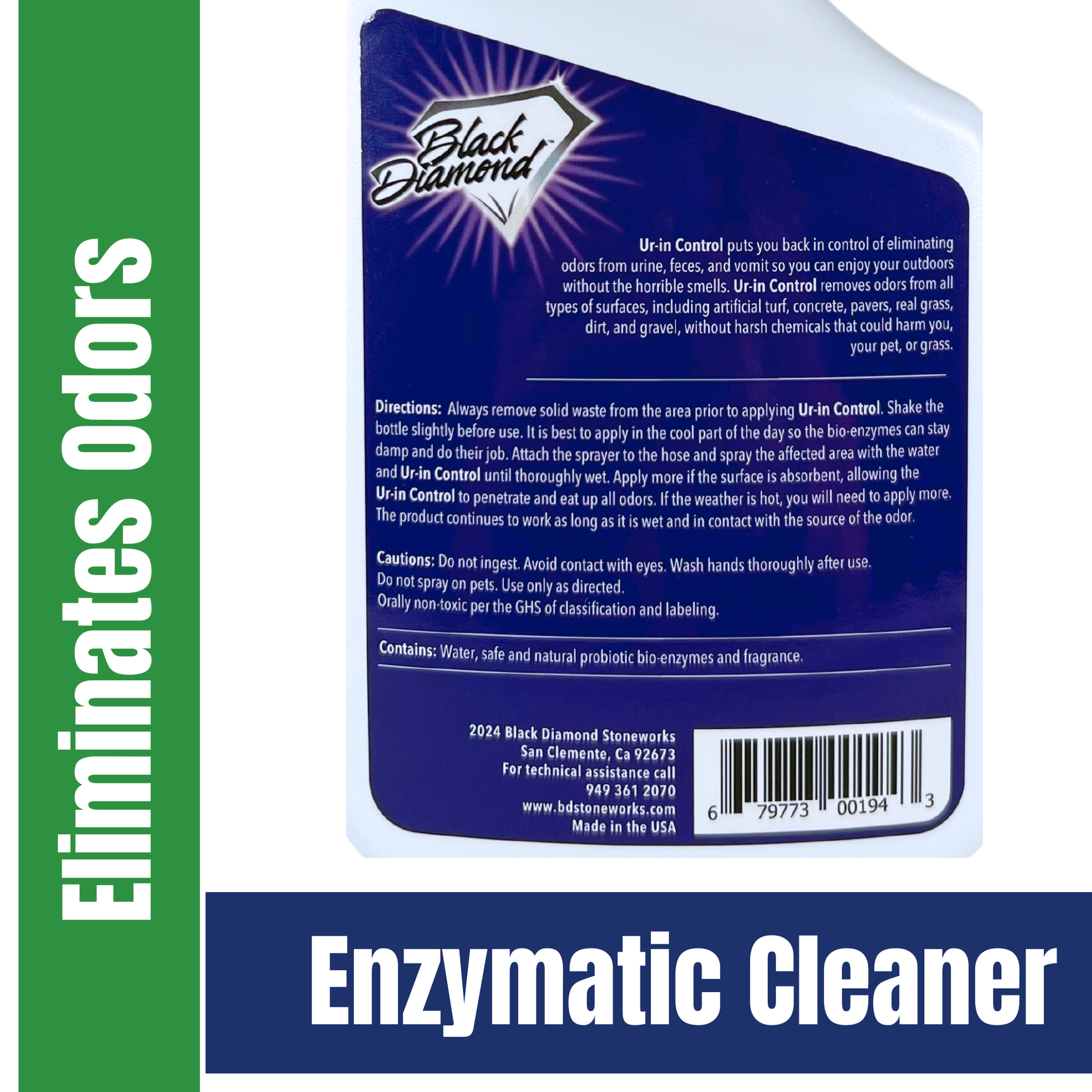 Back label of an enzymatic cleaner bottle with 'Black Diamond' branding and text about eliminating odors.