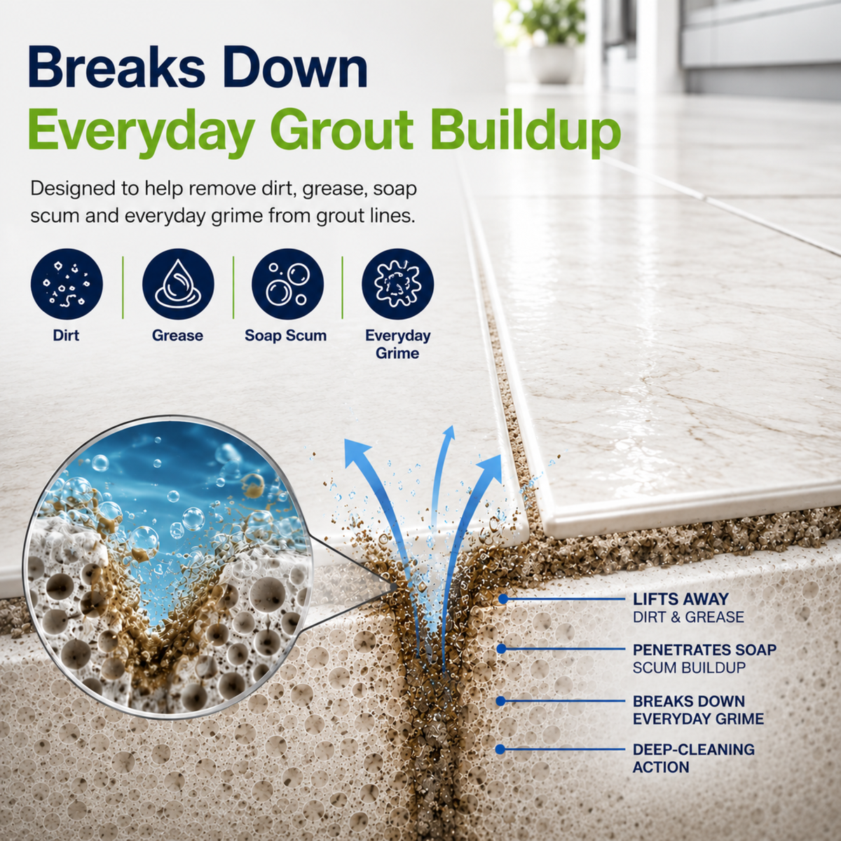 Ultimate Grout Cleaner for Tile Floors — Acid-Free Deep Cleaner Removes Grease, Dirt & Soap Scum Without Damaging Grout — Safe for Marble and All Natural Stone