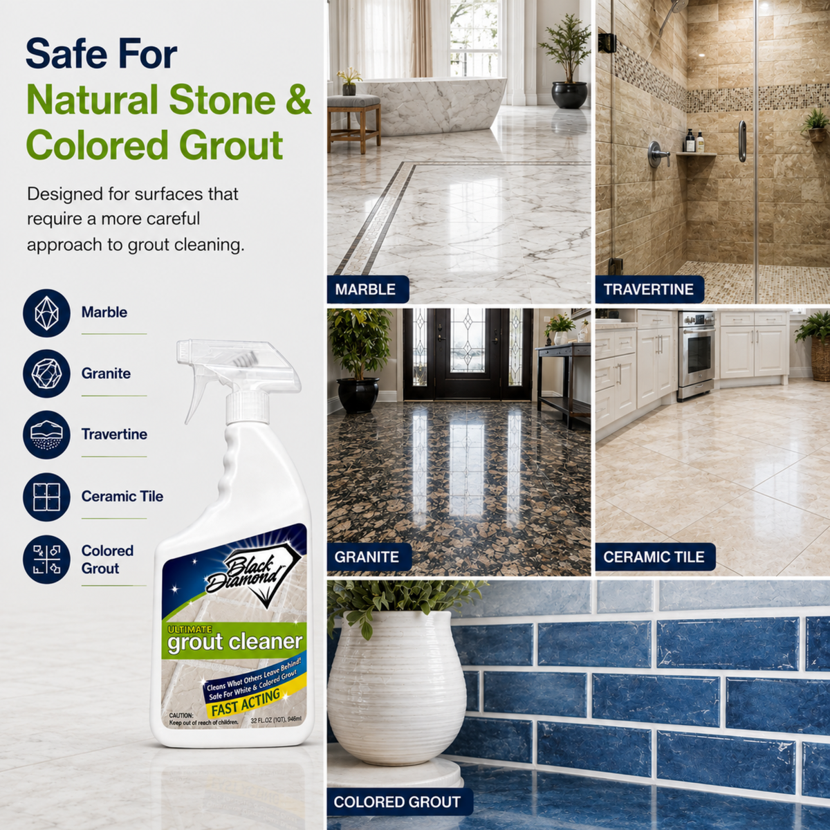 Ultimate Grout Cleaner for Tile Floors — Acid-Free Deep Cleaner Removes Grease, Dirt & Soap Scum Without Damaging Grout — Safe for Marble and All Natural Stone