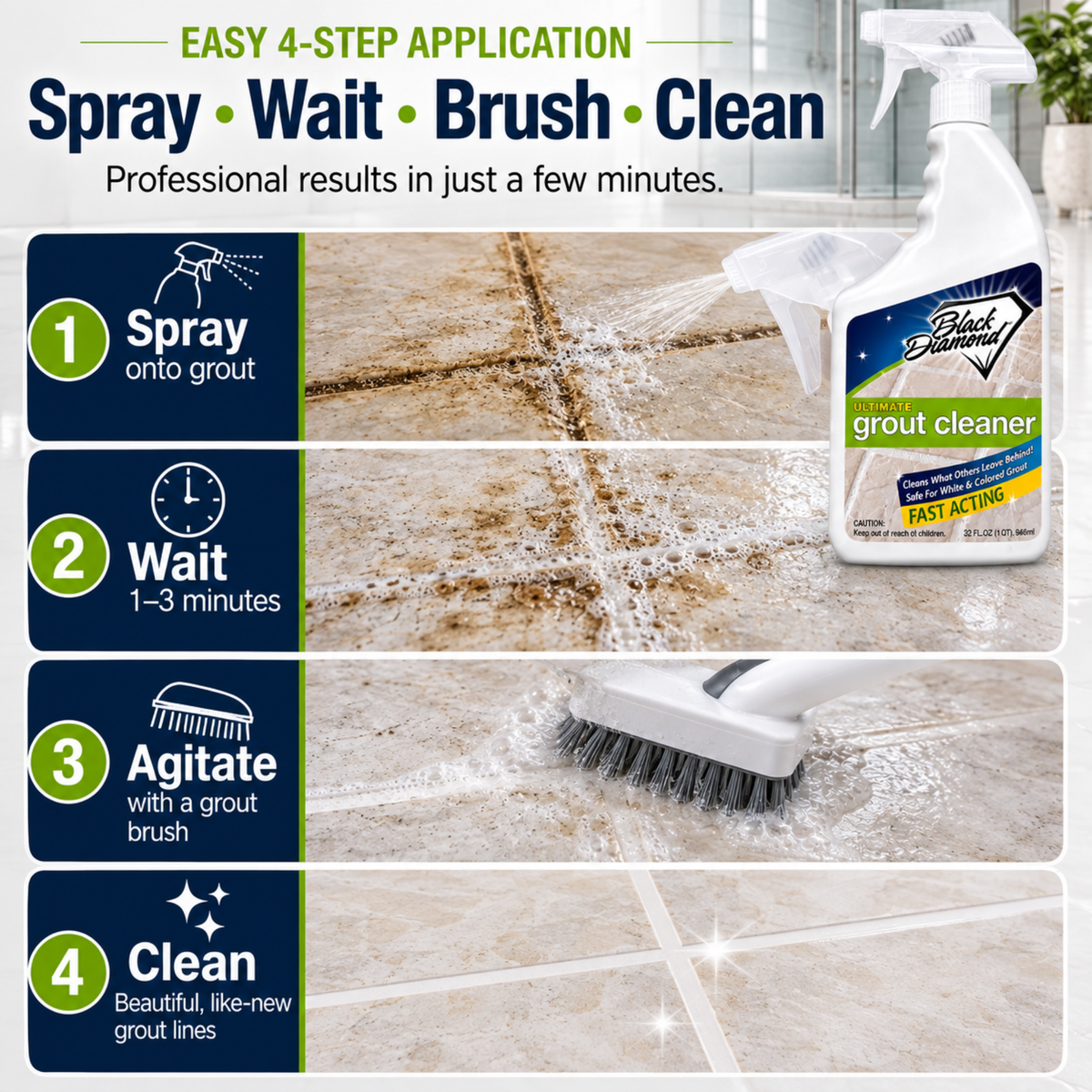 Ultimate Grout Cleaner for Tile Floors — Acid-Free Deep Cleaner Removes Grease, Dirt & Soap Scum Without Damaging Grout — Safe for Marble and All Natural Stone