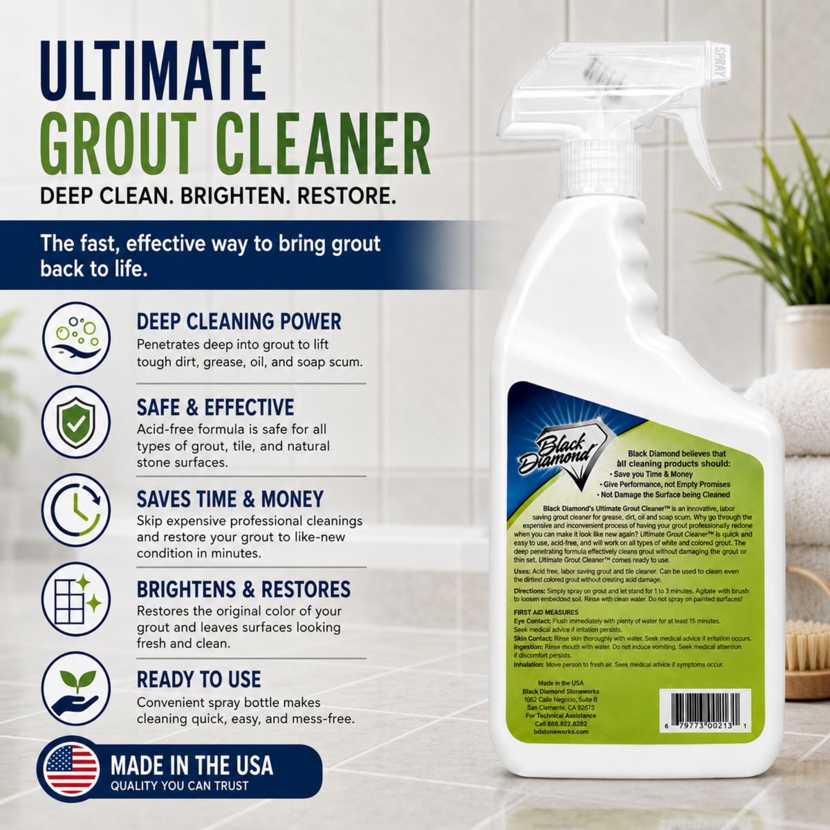 Ultimate Grout Cleaner for Tile Floors — Acid-Free Deep Cleaner Removes Grease, Dirt & Soap Scum Without Damaging Grout — Safe for Marble and All Natural Stone