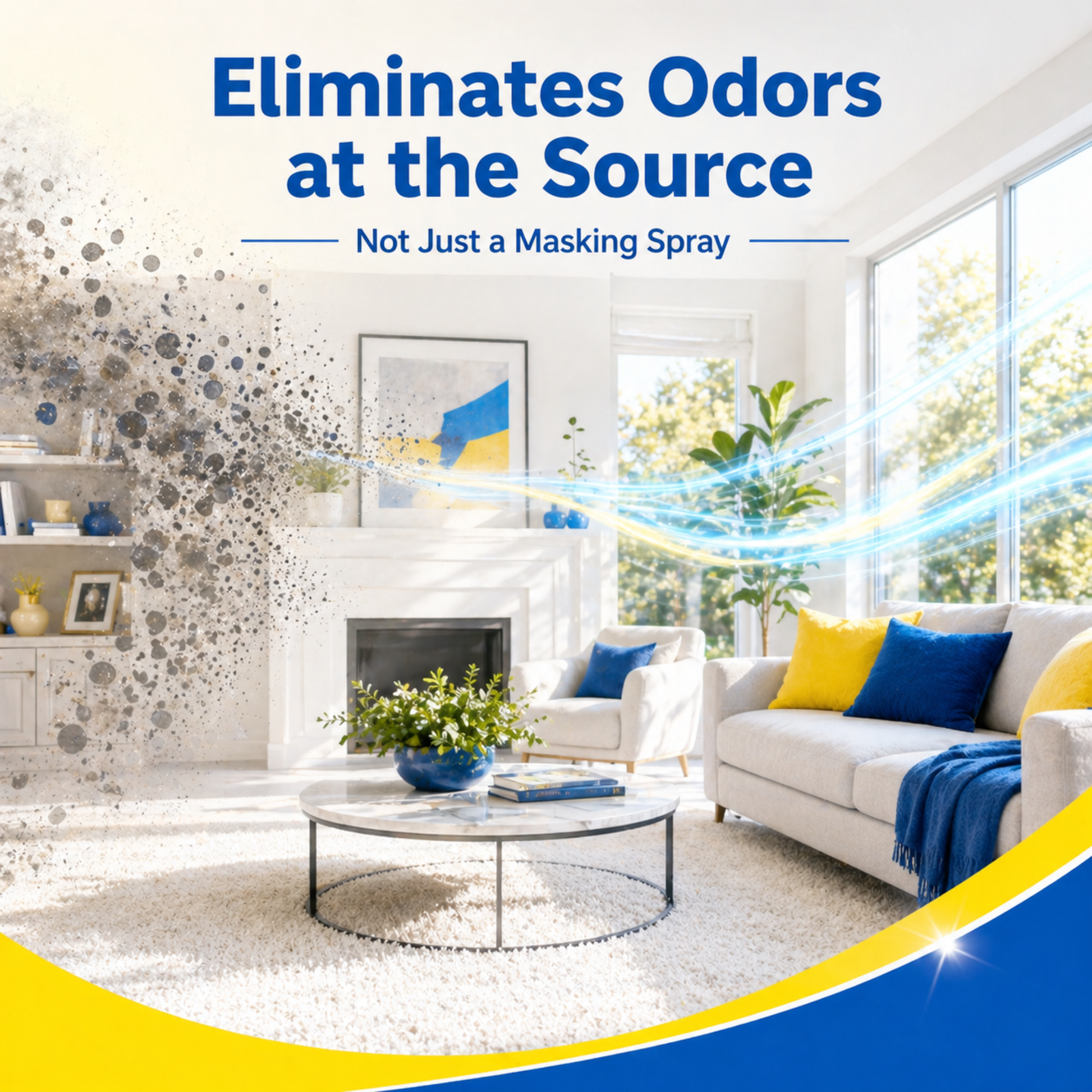 Living room with a fireplace and sofa, featuring text about odor elimination.