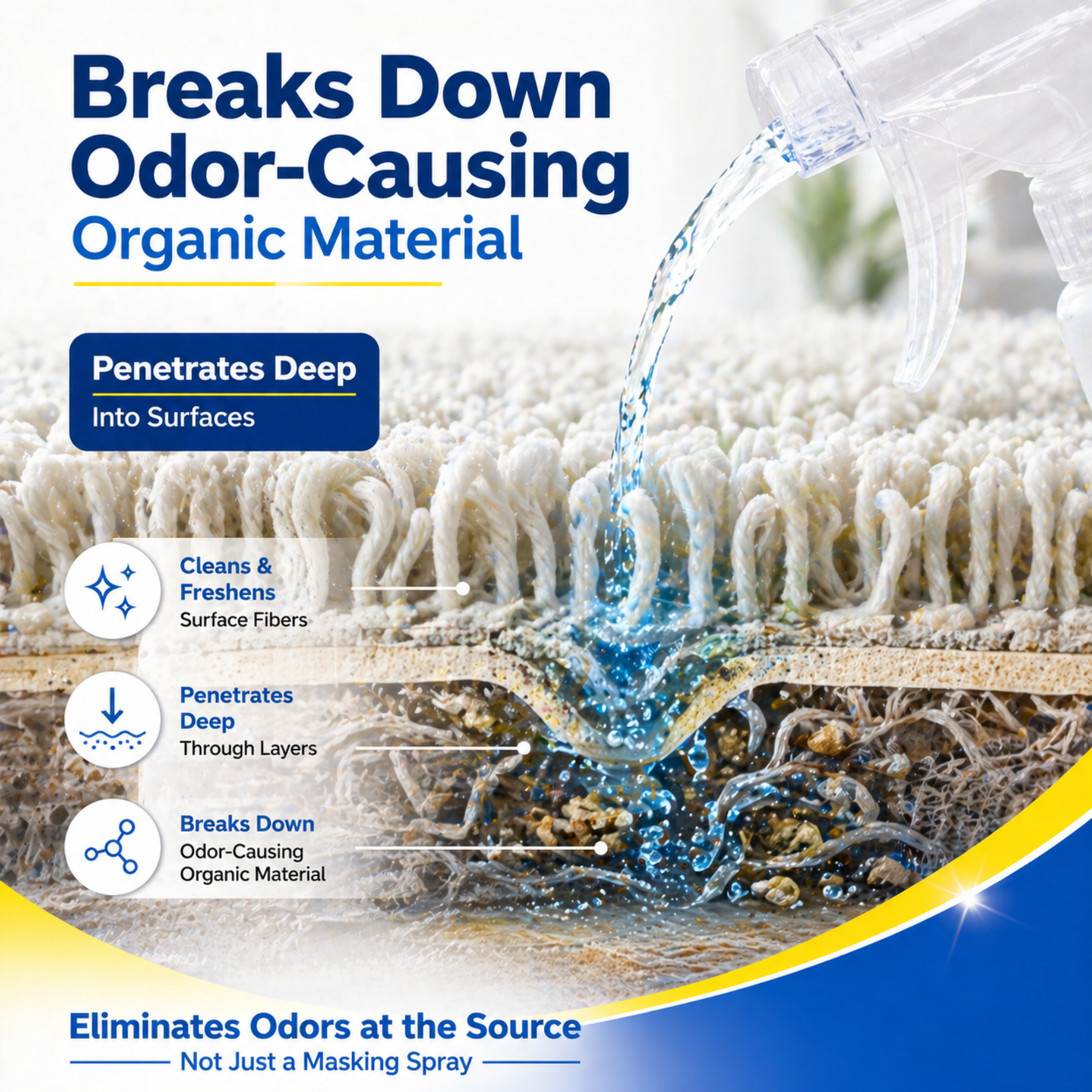 Product being poured onto a carpet with text highlighting its odor-cleaning properties.