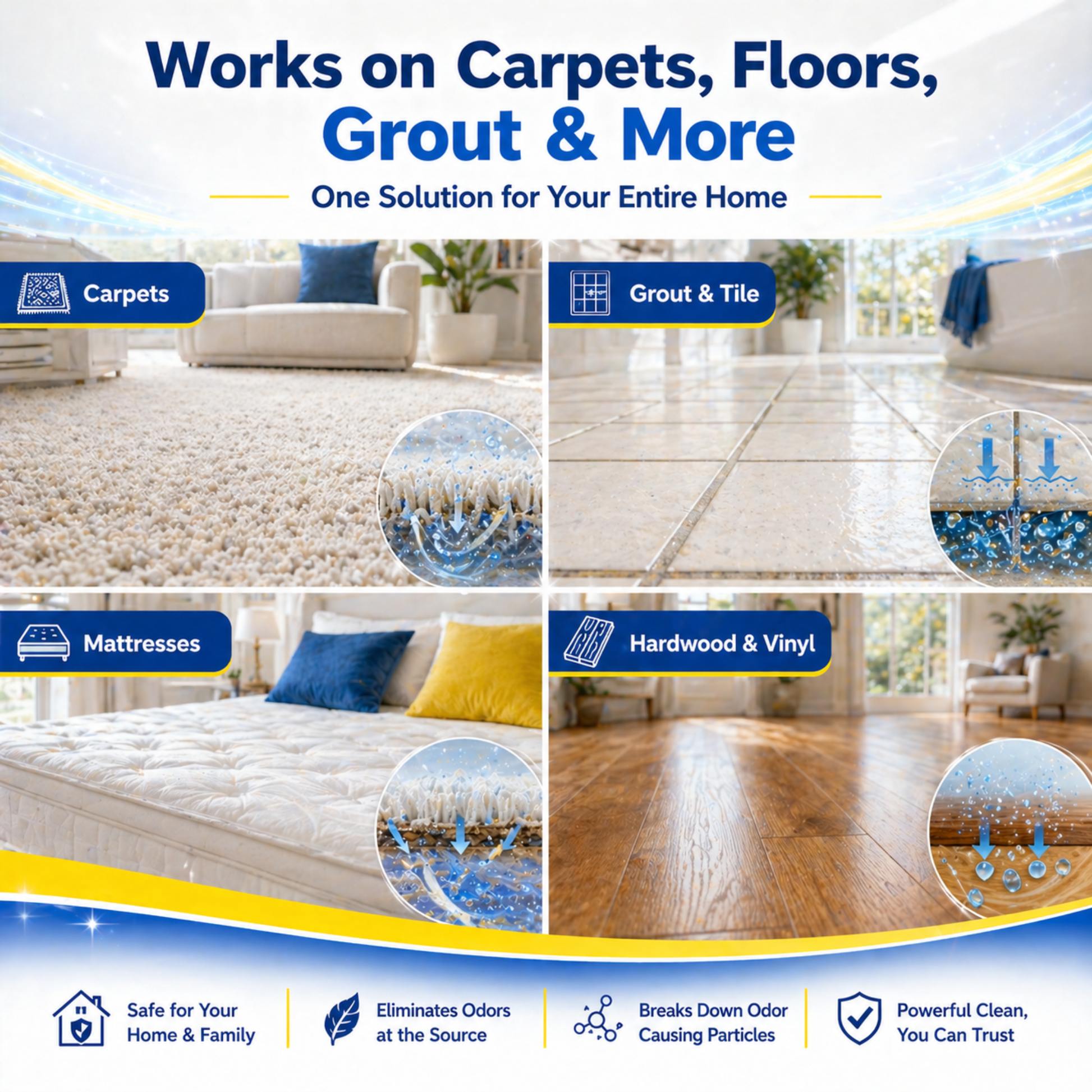 Advertisement for a cleaning solution that works on carpets, floors, grout, and mattresses.
