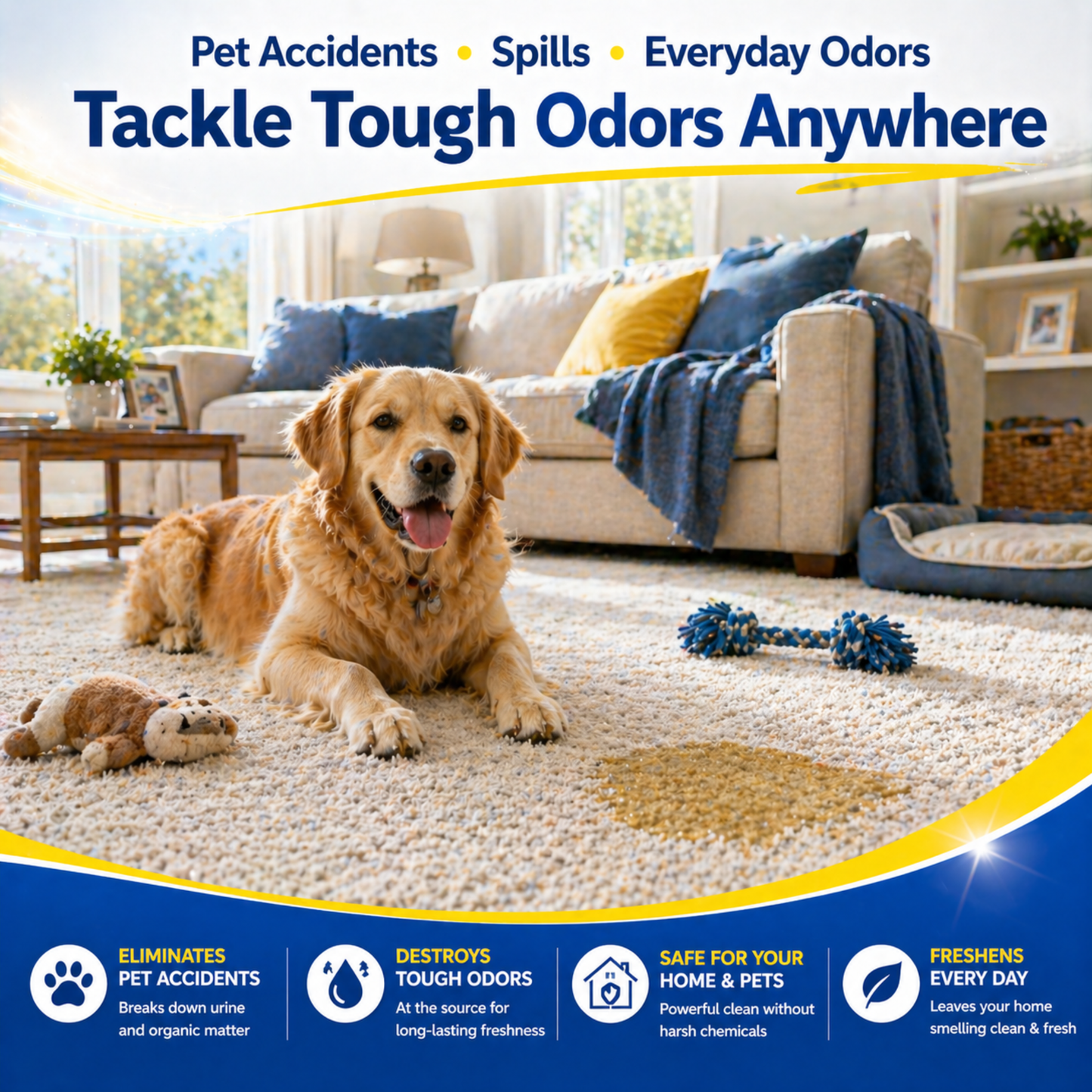 Dog lying on a carpet with a stain, surrounded by text about odor elimination products.