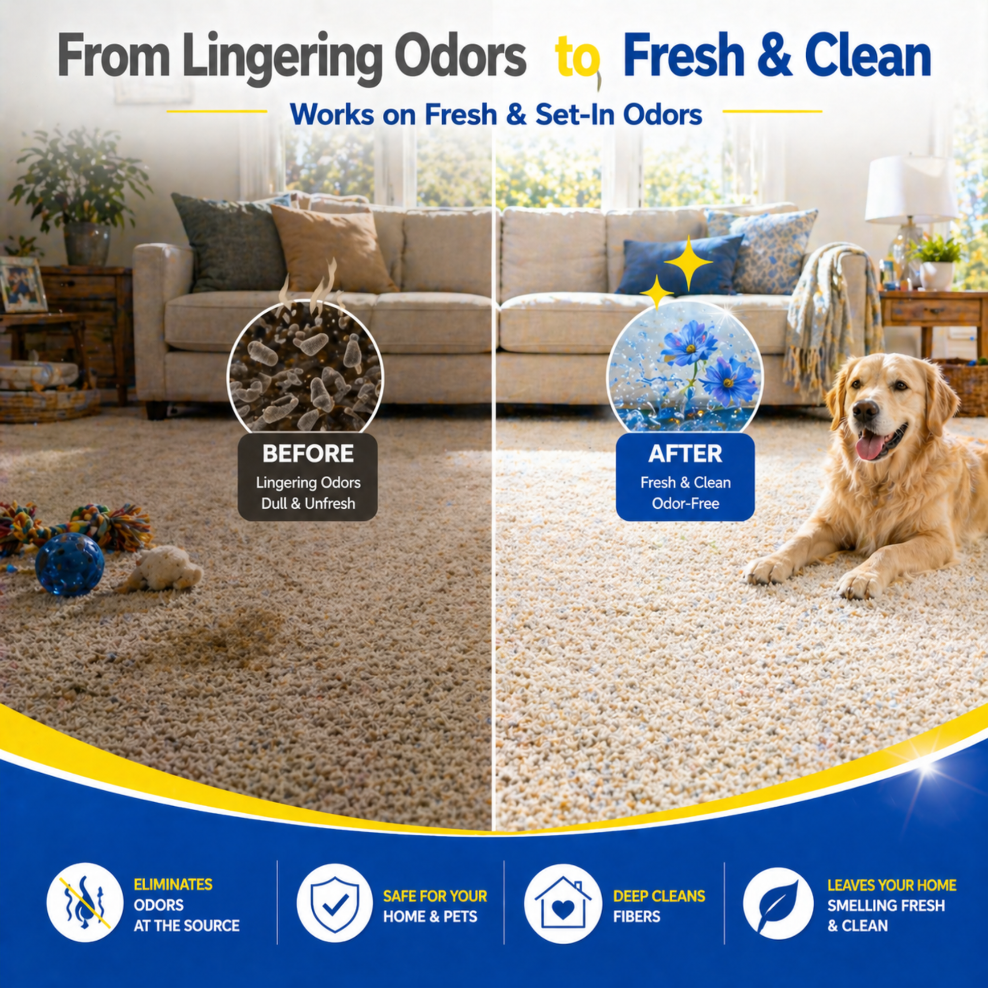 Before and after comparison of a carpet with lingering odors and a clean, odor-free carpet in a living room setting.