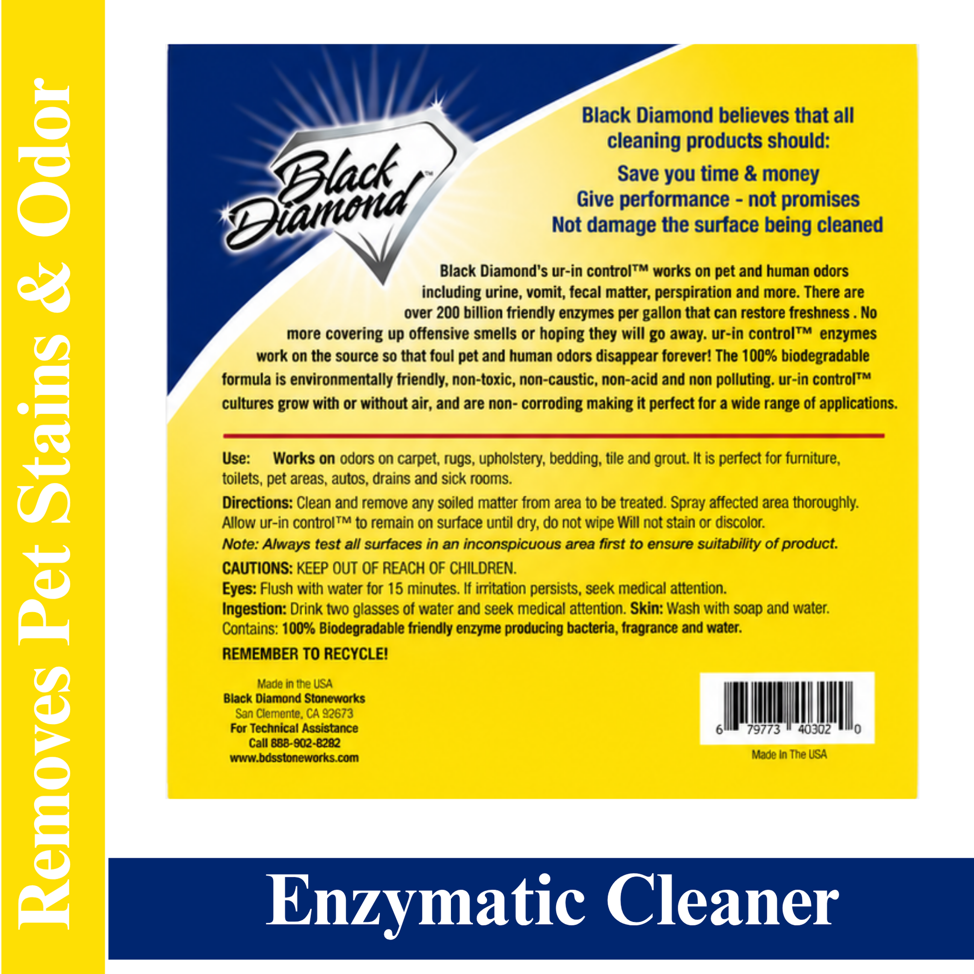 Back label of Black Diamond enzymatic cleaner packaging with text and branding.