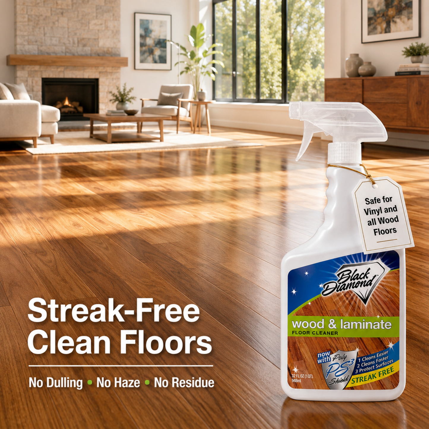 Bottle of Black Diamond wood and laminate floor cleaner on a wooden floor with a living room in the background.
