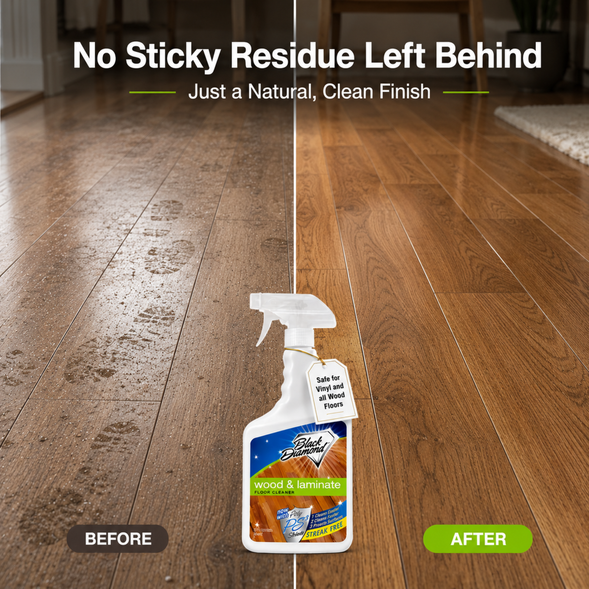 Before and after comparison of a wooden floor with a cleaning product, showing no sticky residue.