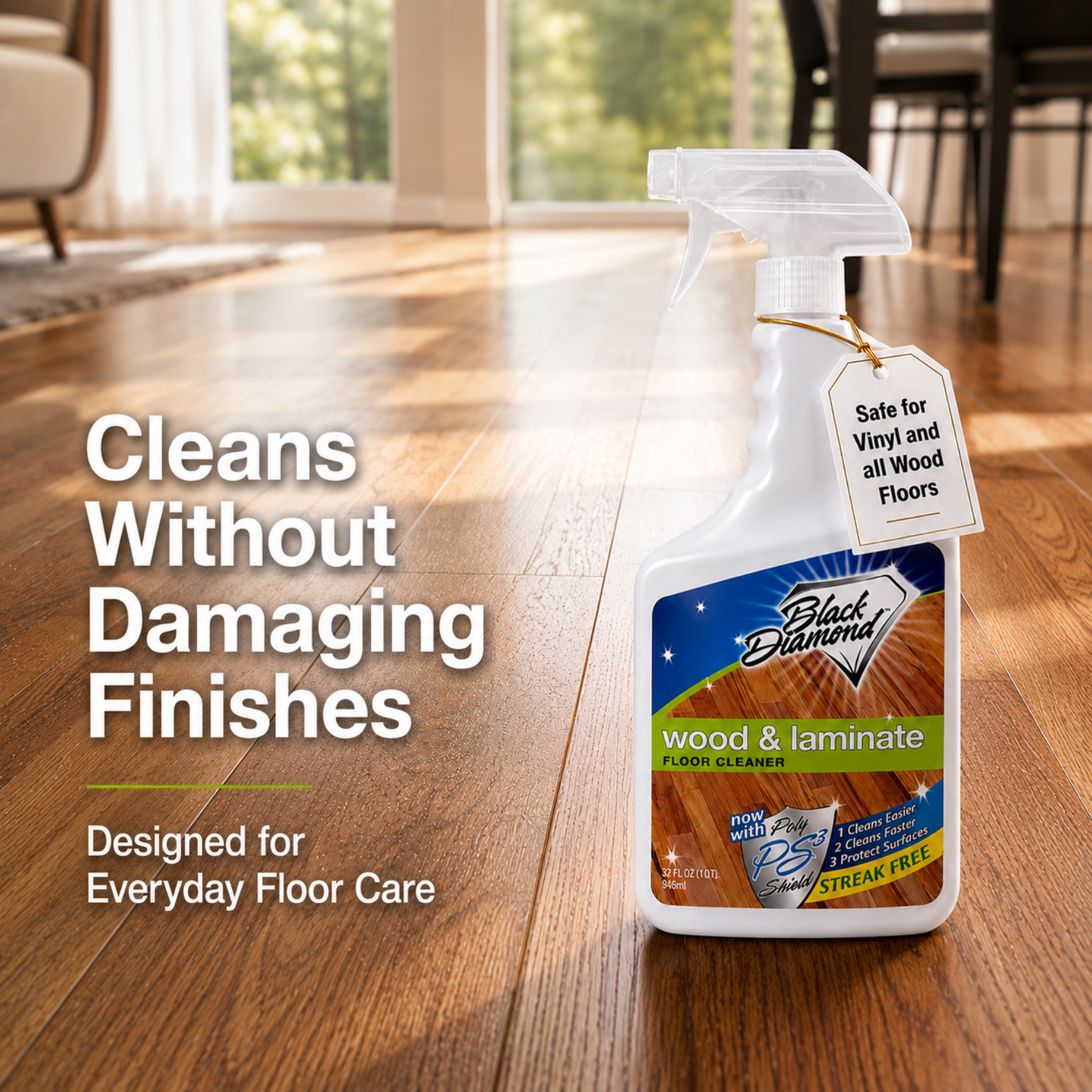 Spray bottle of Black Diamond wood and laminate floor cleaner on a wooden floor with text highlighting its features.