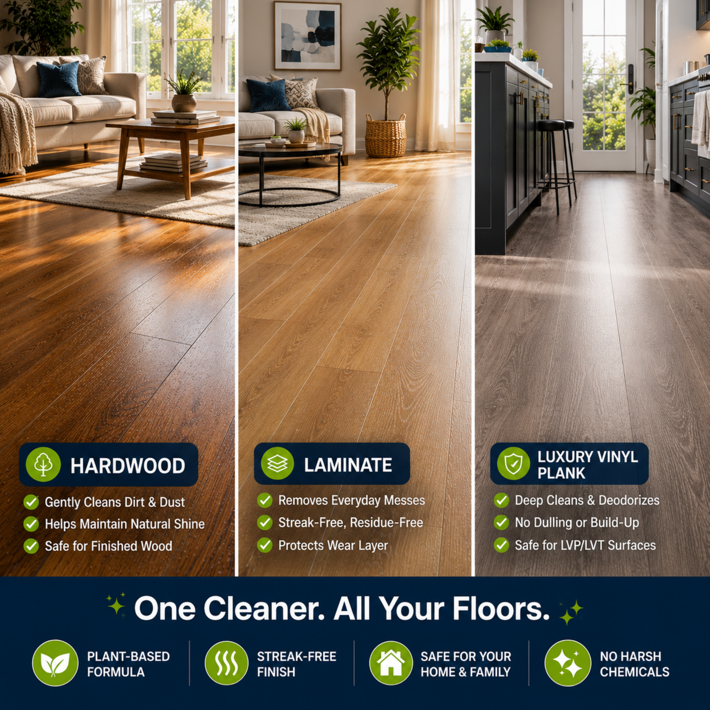 Three different flooring types (hardwood, laminate, luxury vinyl plank) with cleaning benefits displayed.