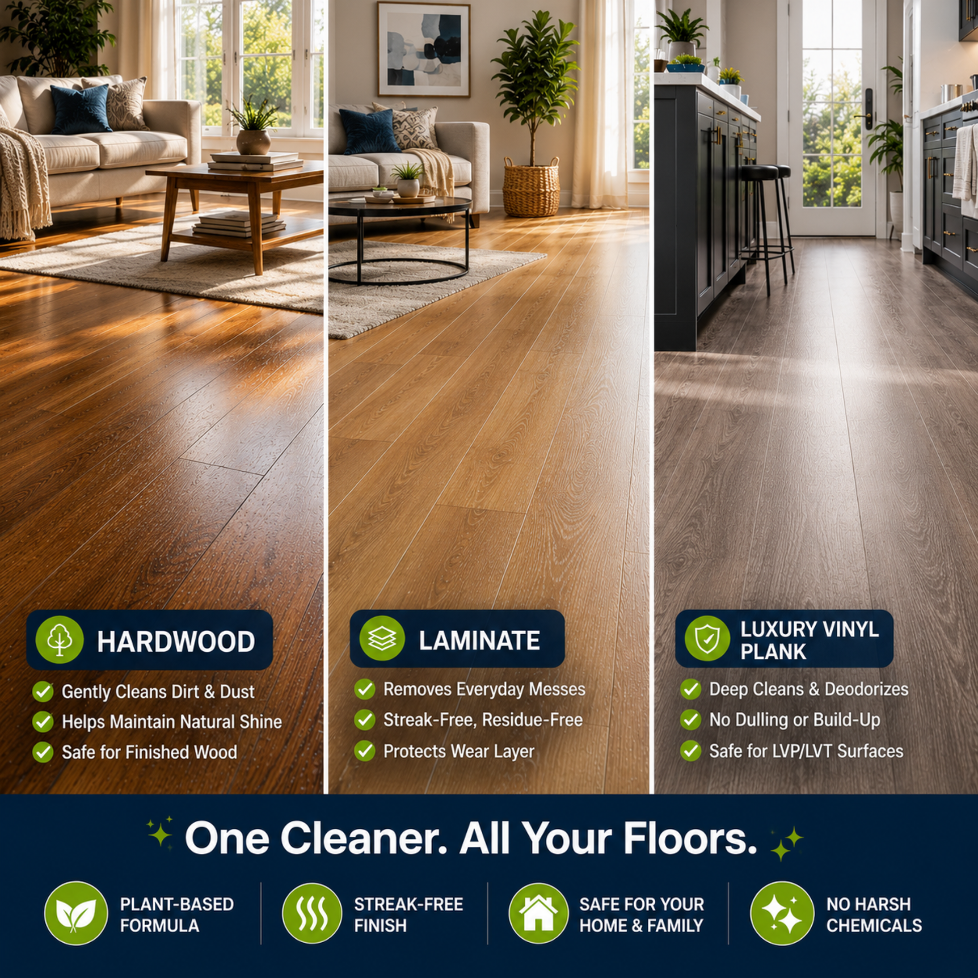 Three different flooring types (hardwood, laminate, luxury vinyl plank) with cleaning benefits displayed.