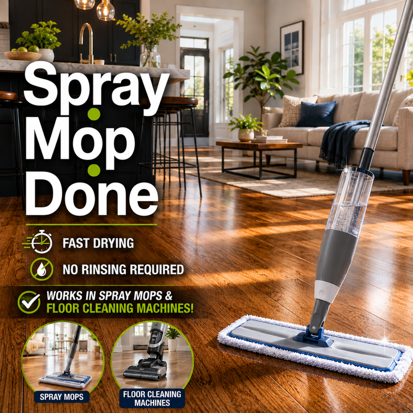 Spray mop cleaning a wooden floor in a living room with promotional text about its features.