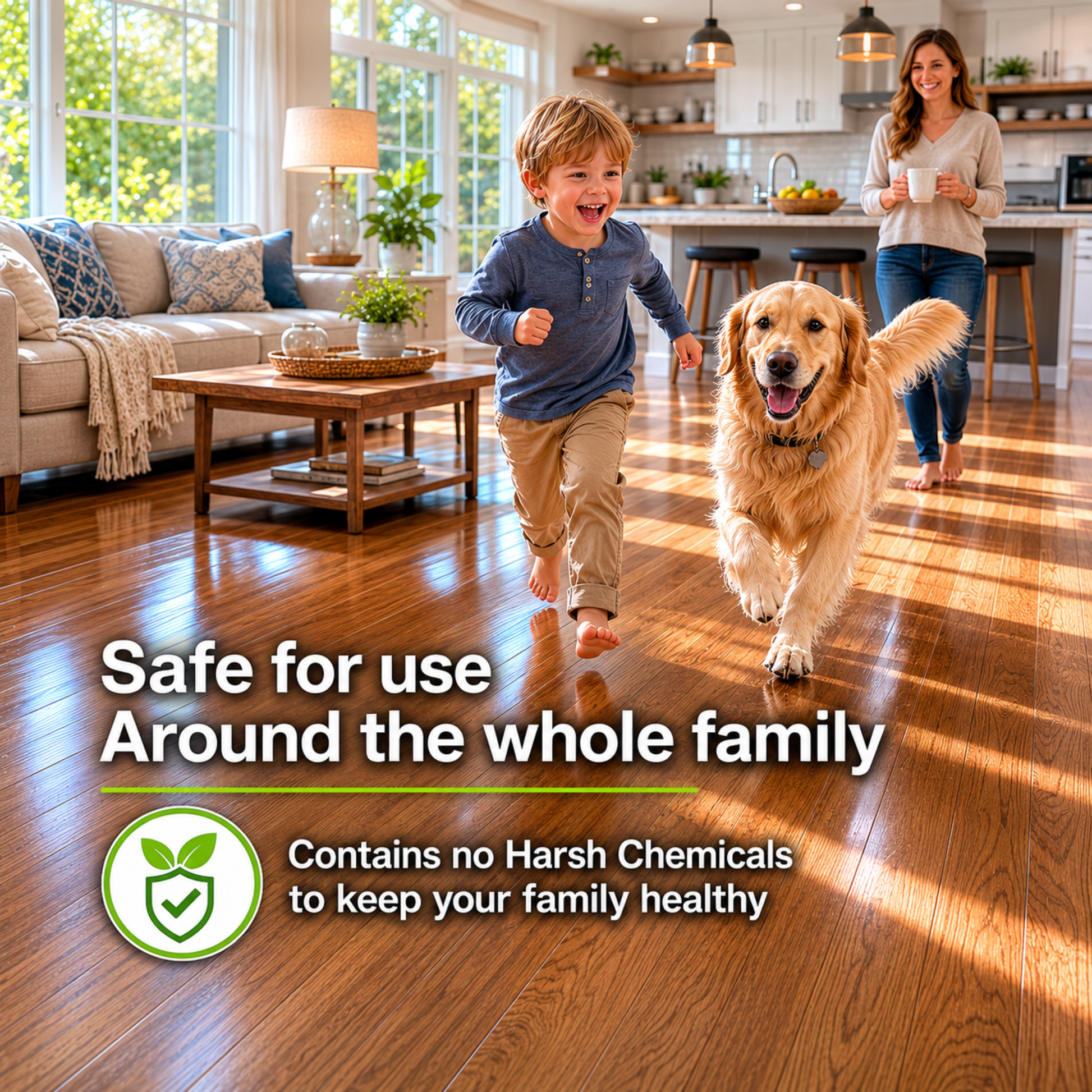 Child running with a dog in a bright, modern living room with text about product safety for families.