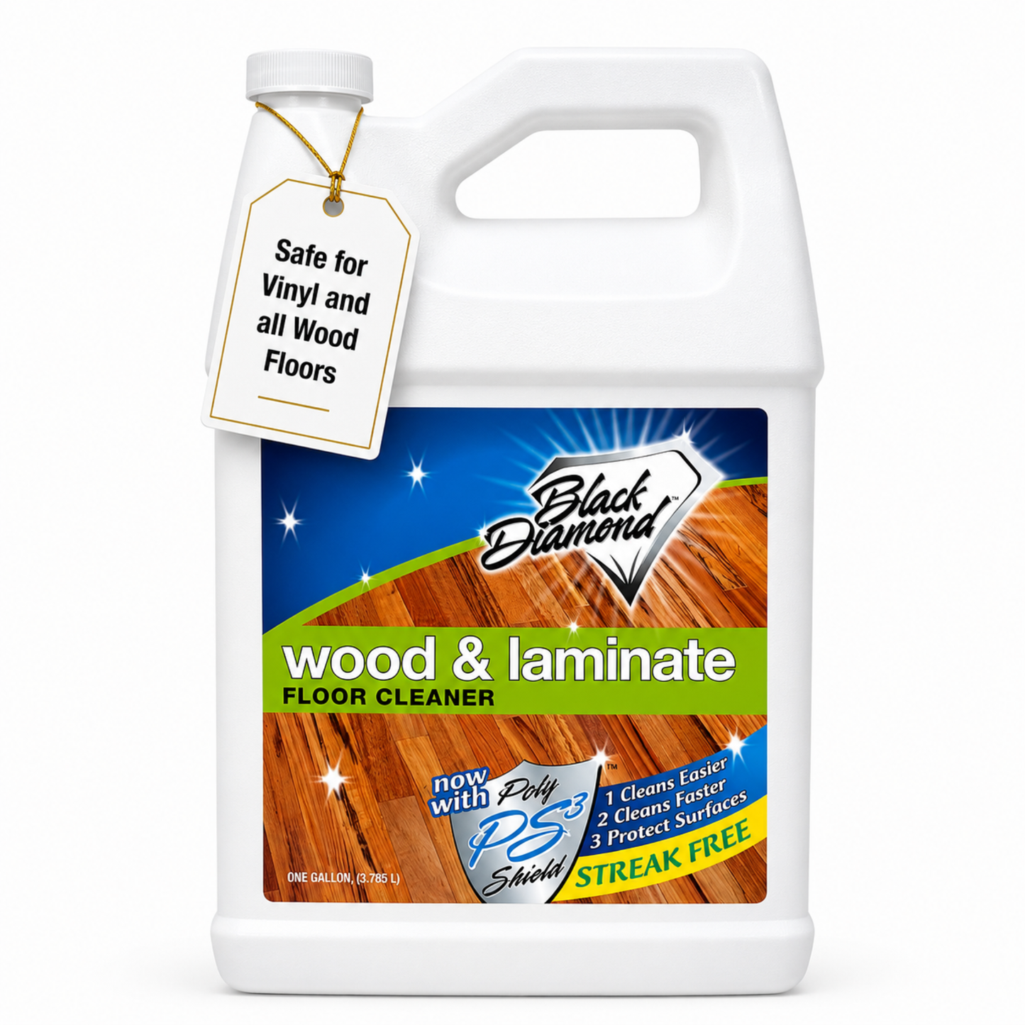 Gallon container of Black Diamond wood and laminate floor cleaner on a white background