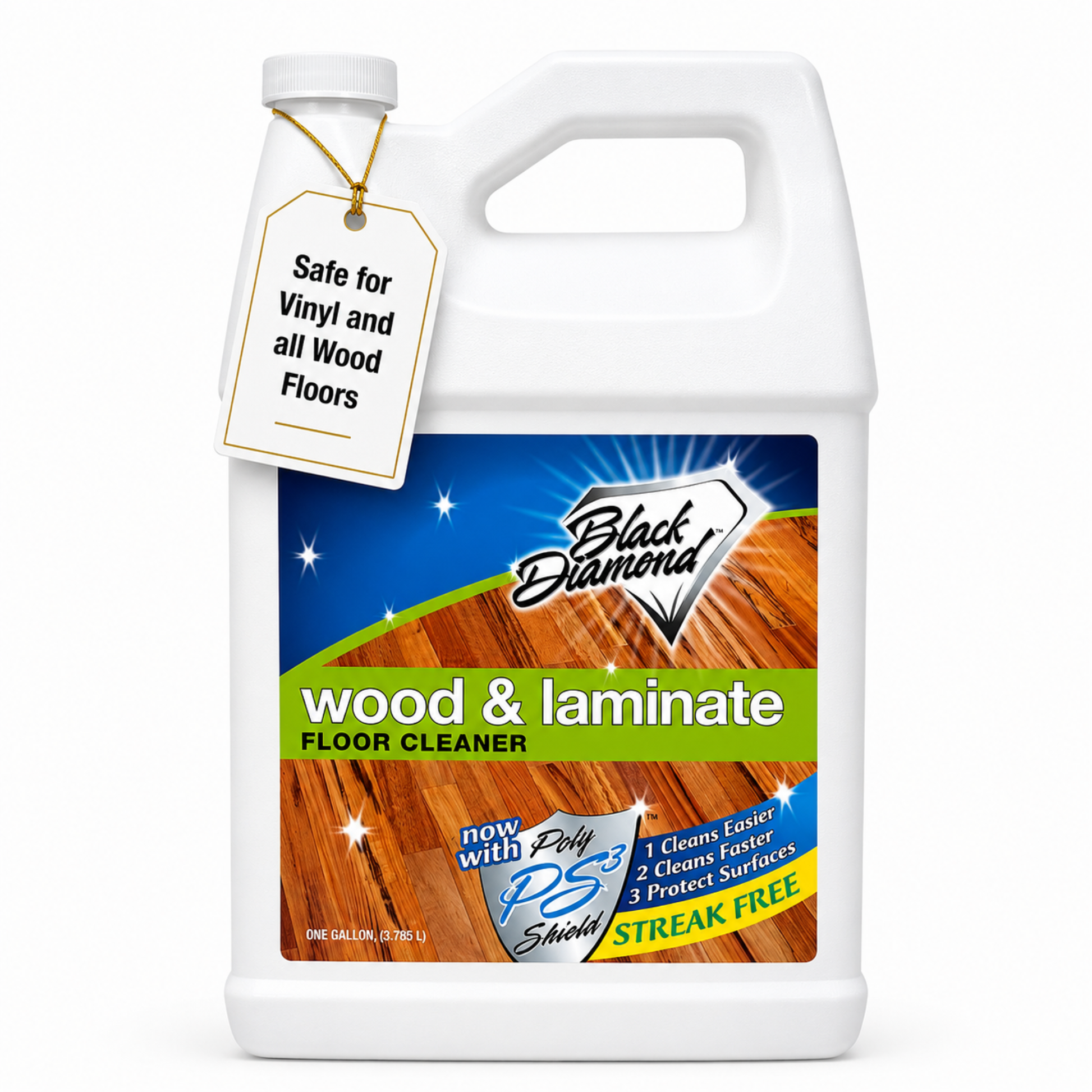 Gallon container of Black Diamond wood and laminate floor cleaner on a white background