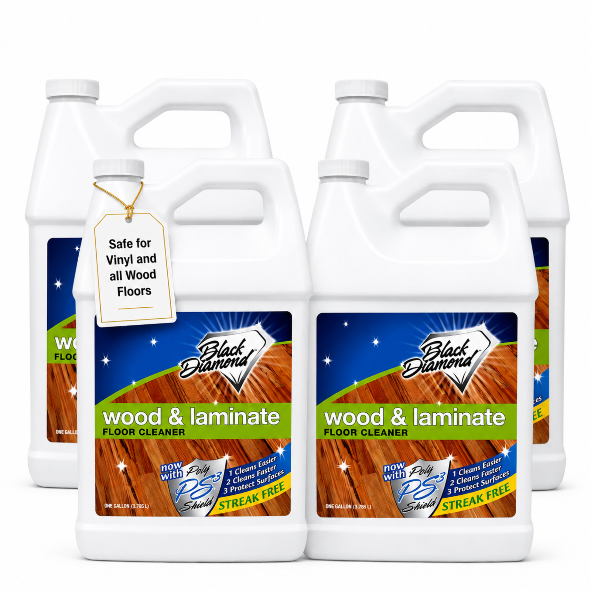 Two bottles of Black Diamond wood and laminate floor cleaner on a white background
