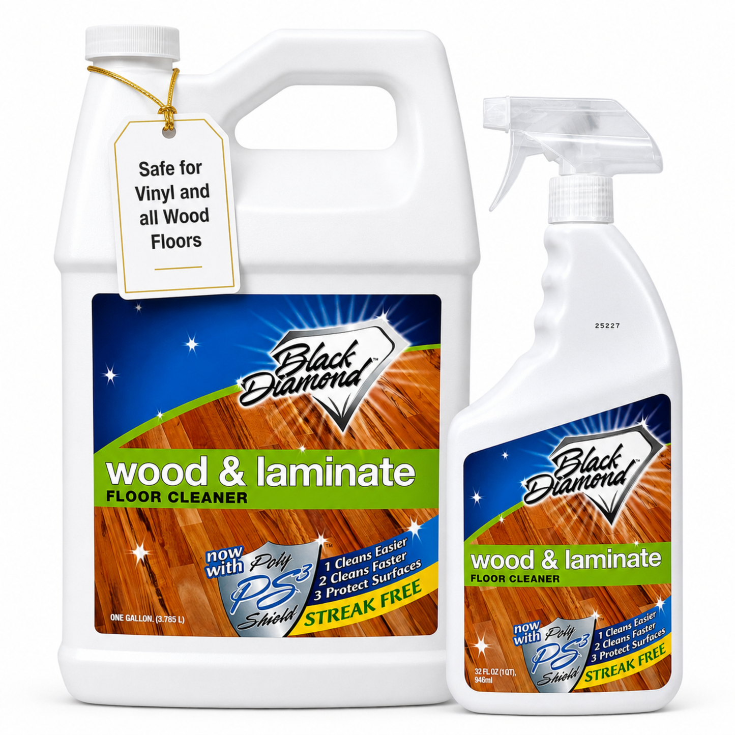 Two bottles of Black Diamond wood and laminate floor cleaner on a white background