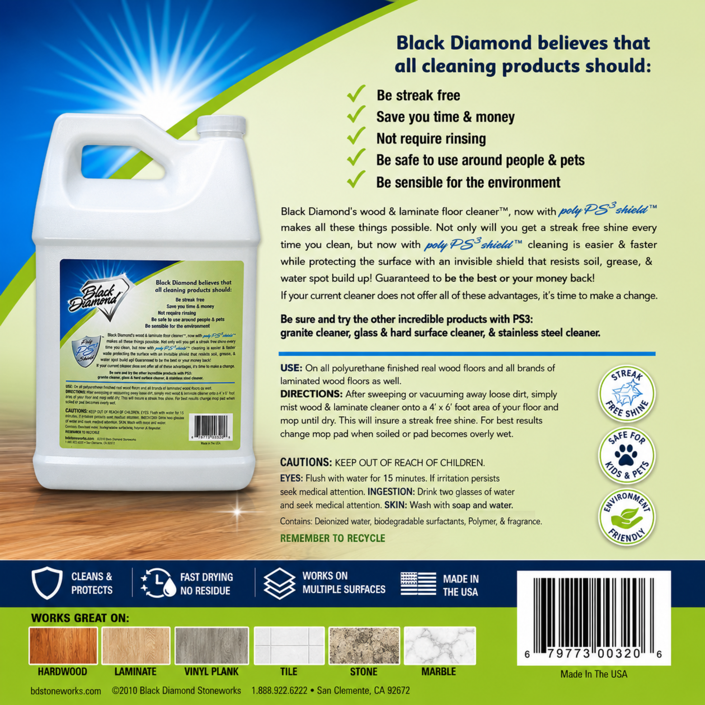 Cleaning product label with Black Diamond logo and text on a wooden floor background