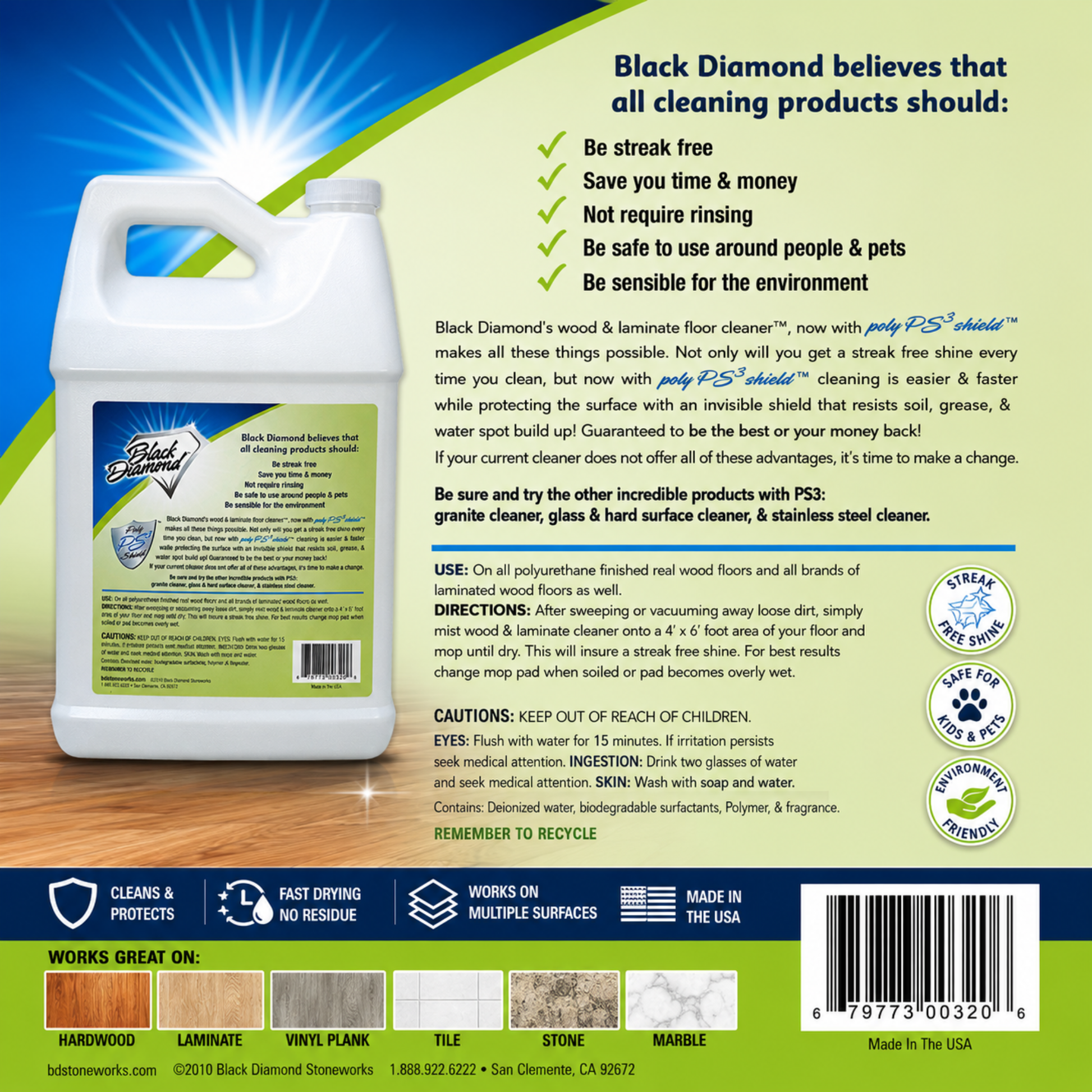 Cleaning product label with Black Diamond logo and text on a wooden floor background