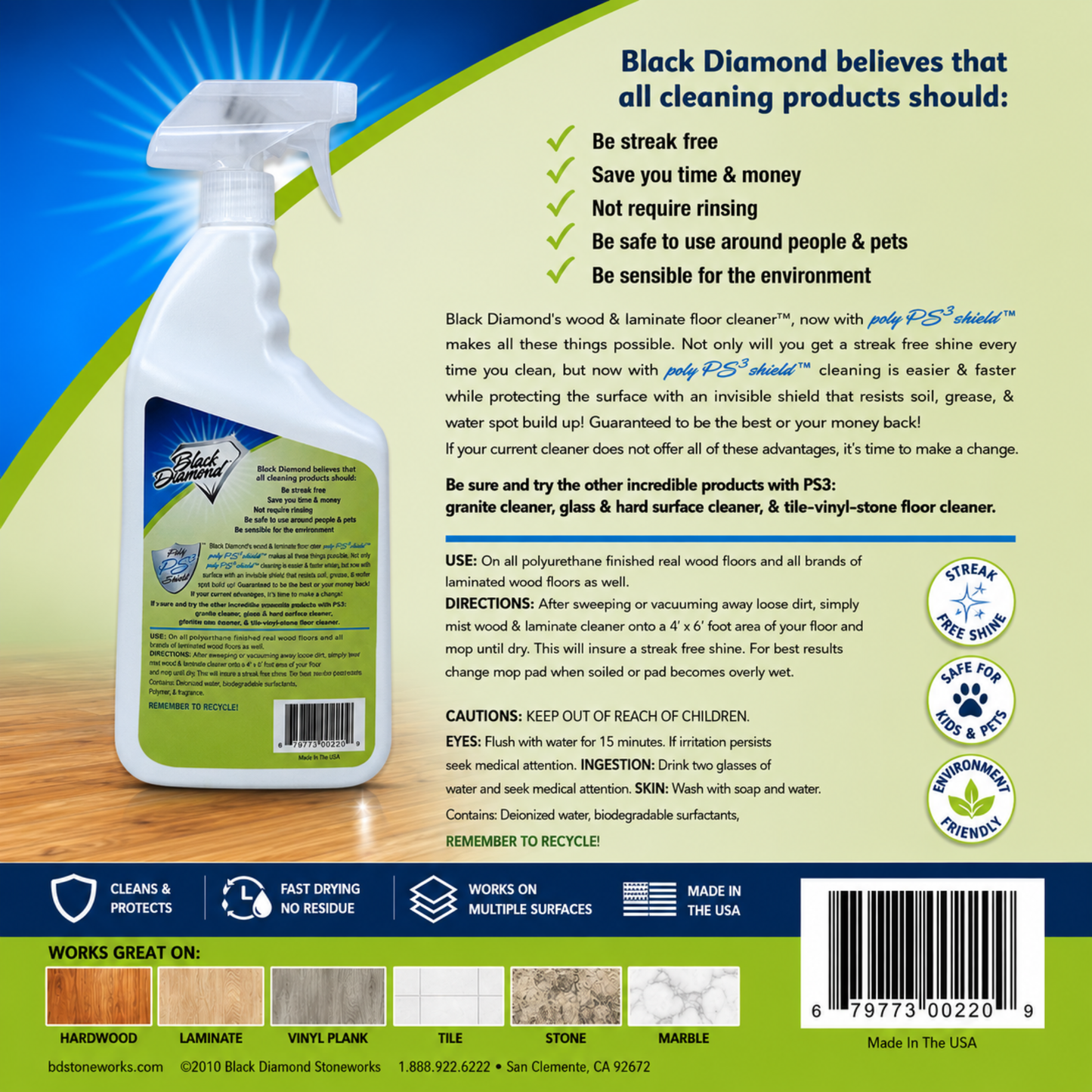 Back of a cleaning product bottle with text and logos on a colorful background