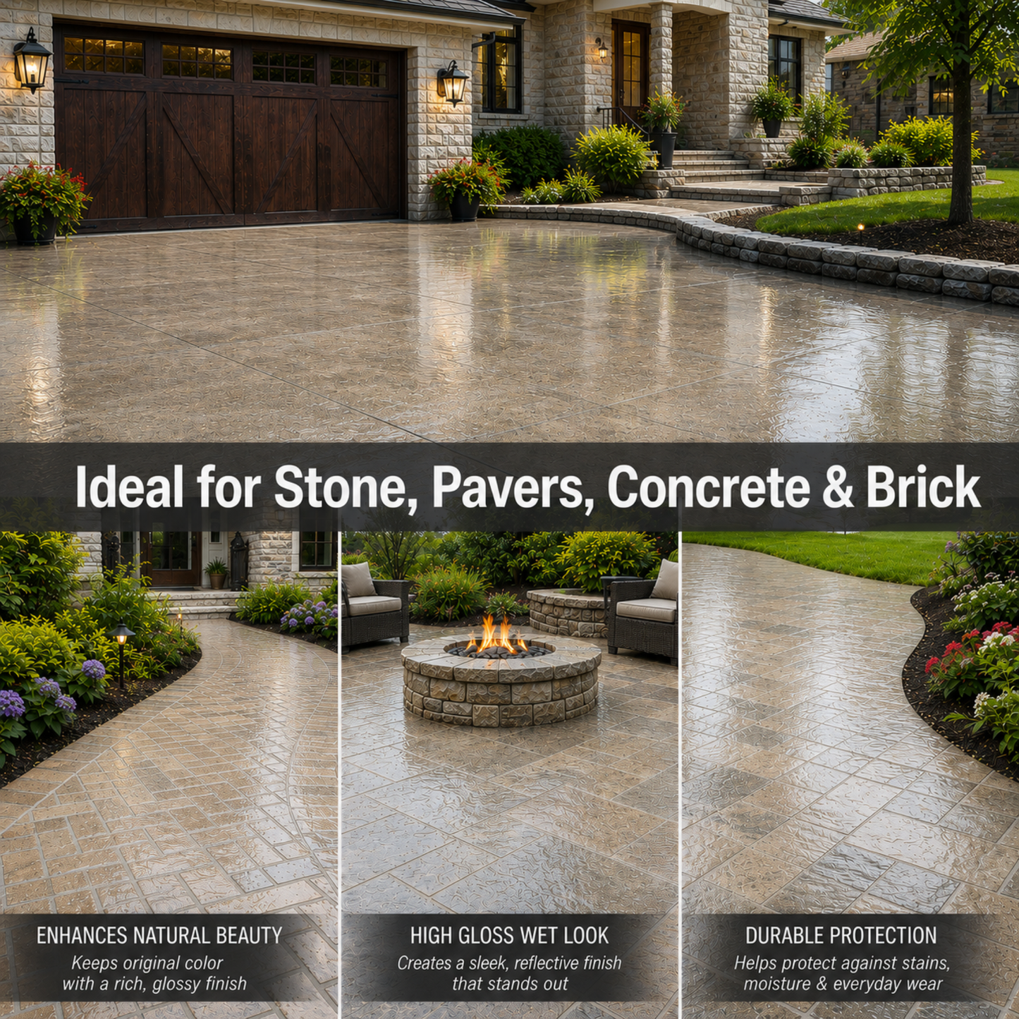 Collage of a driveway and patio with text highlighting suitability for stone, pavers, concrete, and brick.