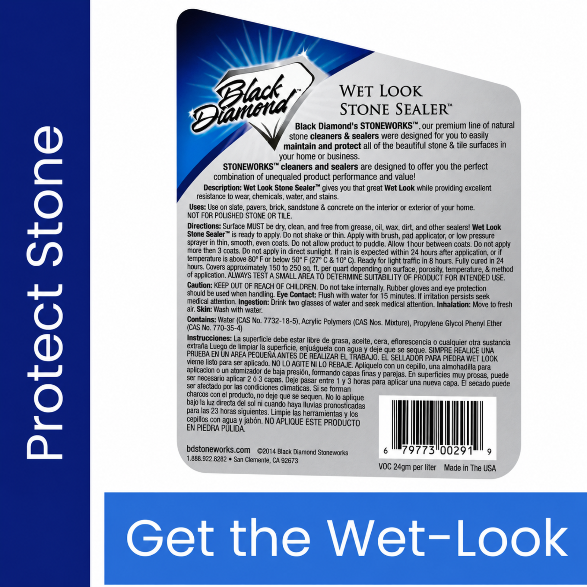 Black Diamond Wet Look Stone Sealer packaging with text and branding. Wet look stone sealer back label