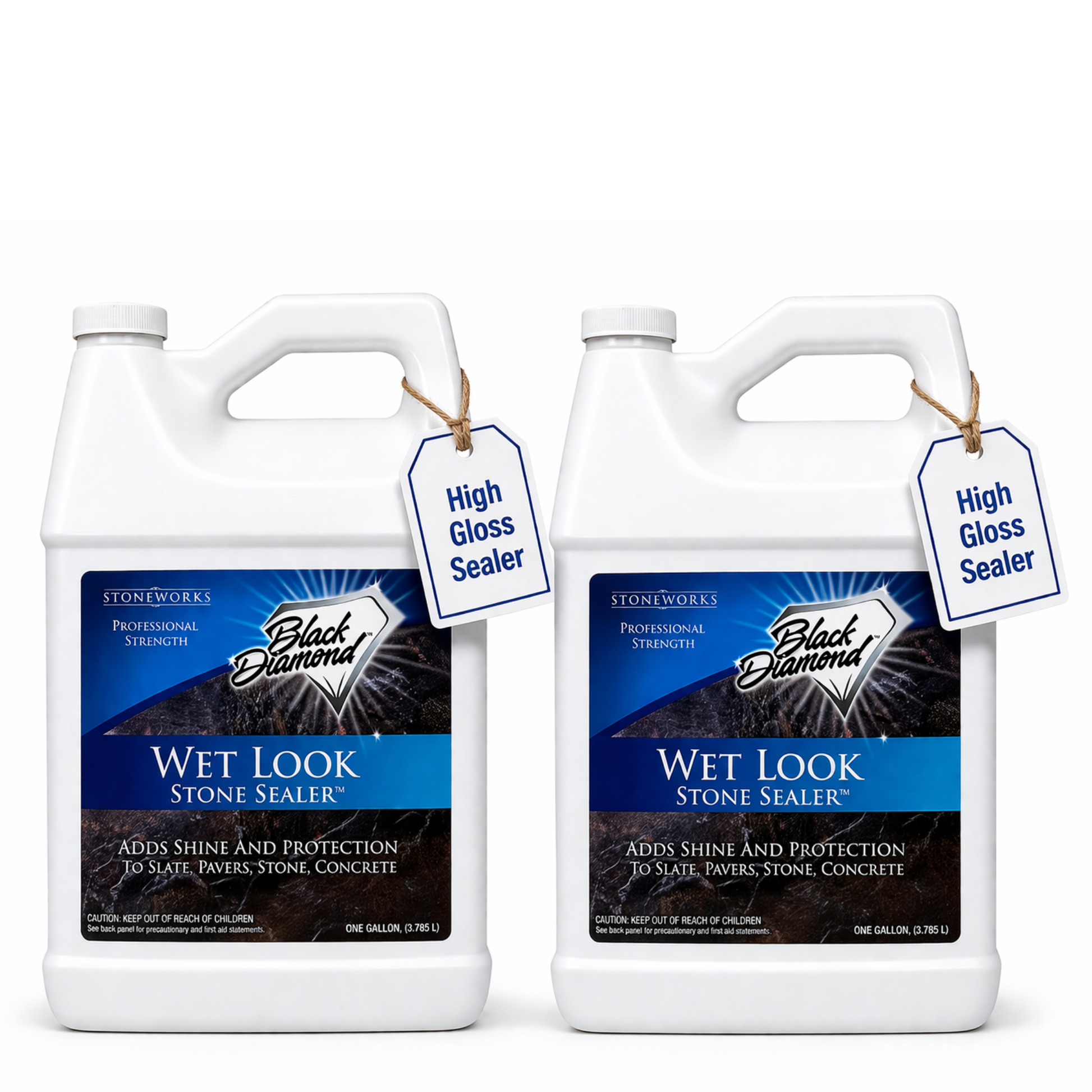 Two bottles of Black Diamond Wet Look Stone Sealer on a white background