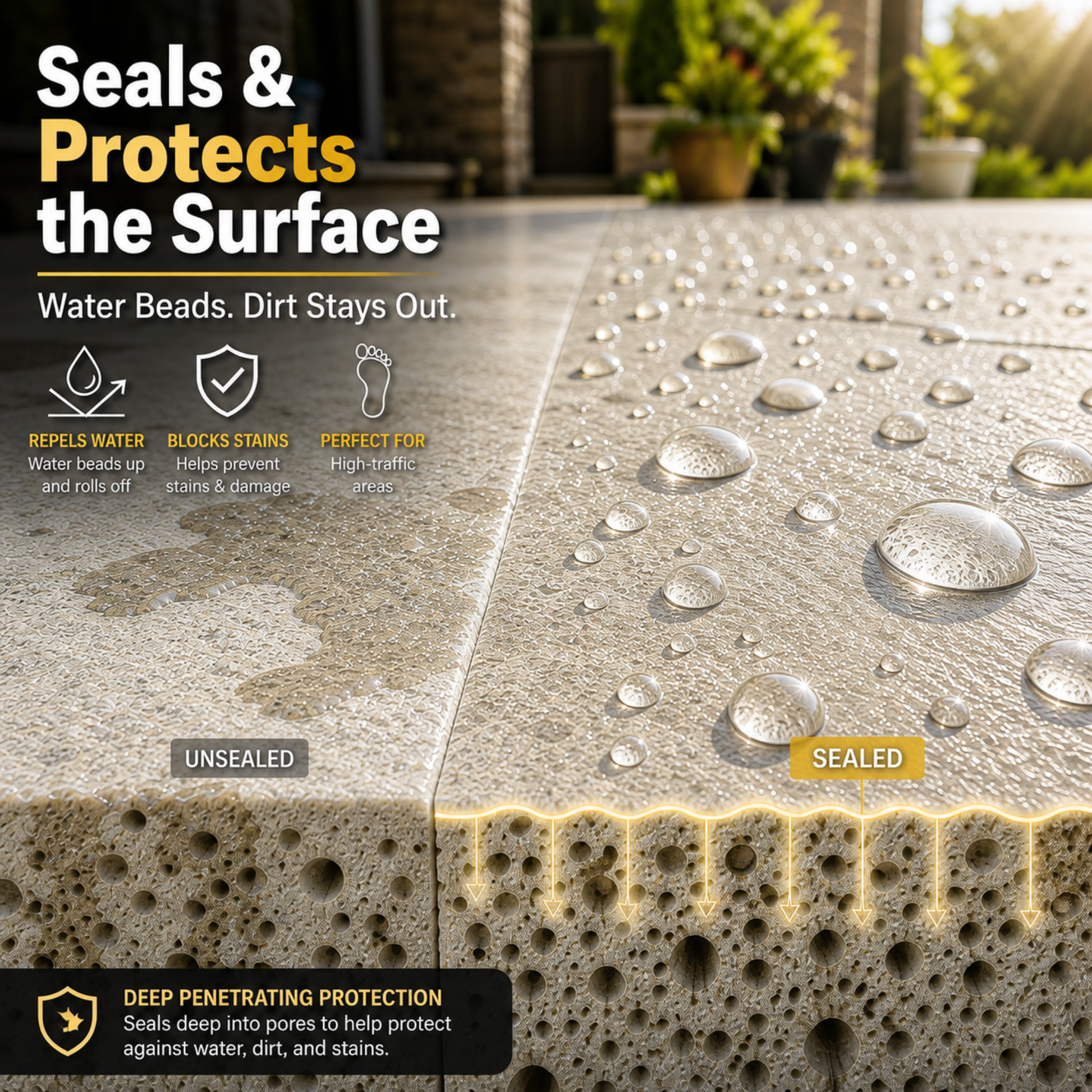 Comparison of unsealed and sealed concrete surfaces with water beads demonstrating protection.