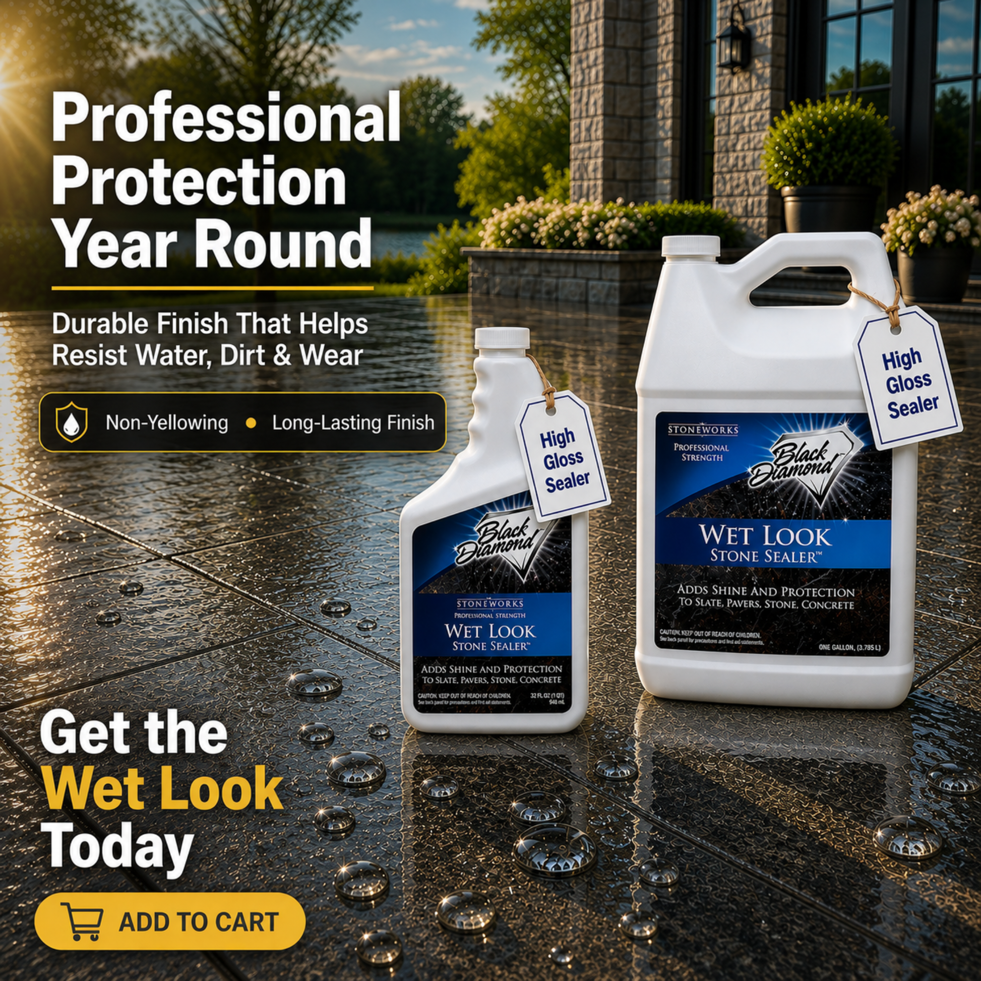 Two bottles of Wet Look Stone Sealer on a wet stone surface with promotional text.