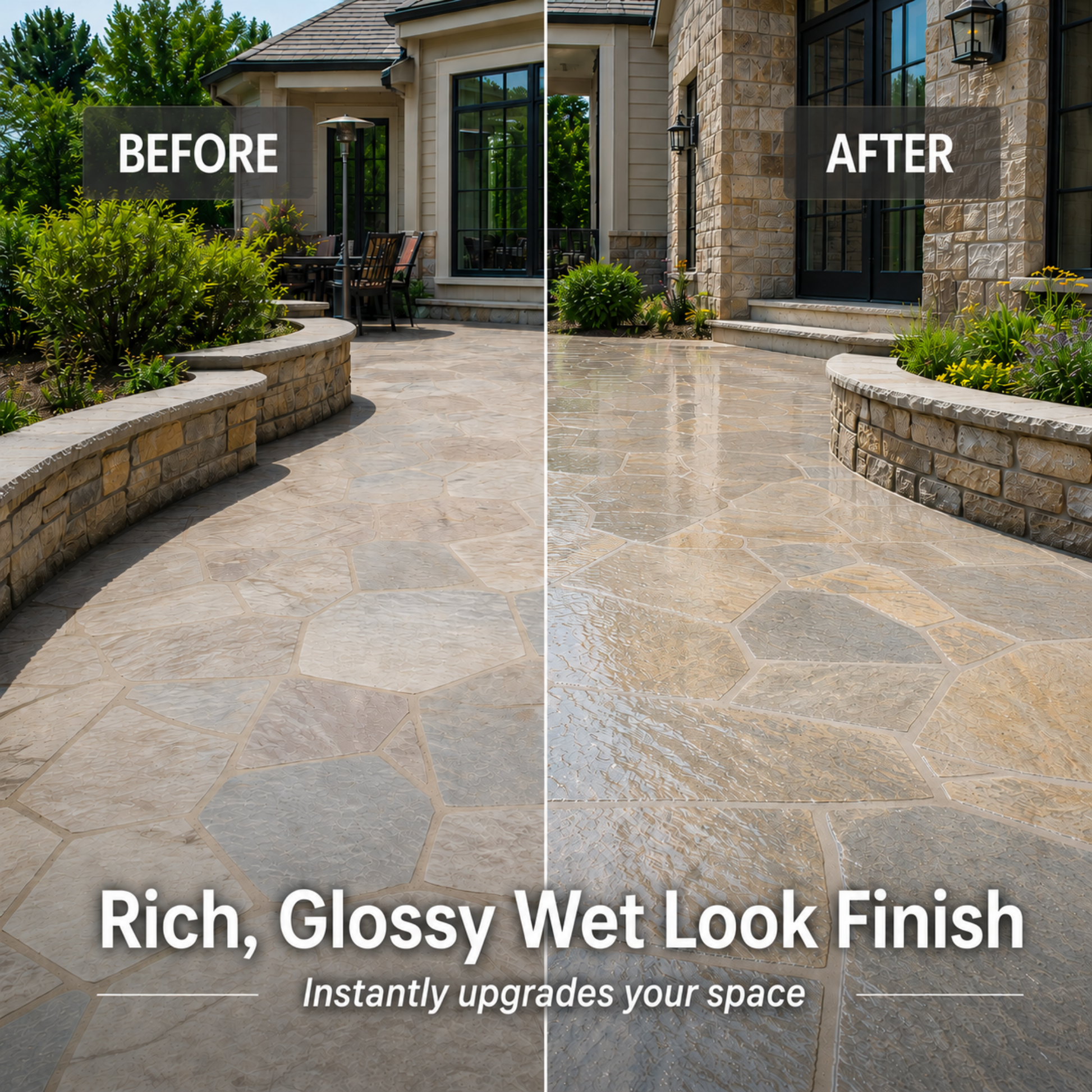 Before and after comparison of a patio with a rich, glossy wet look finish.
