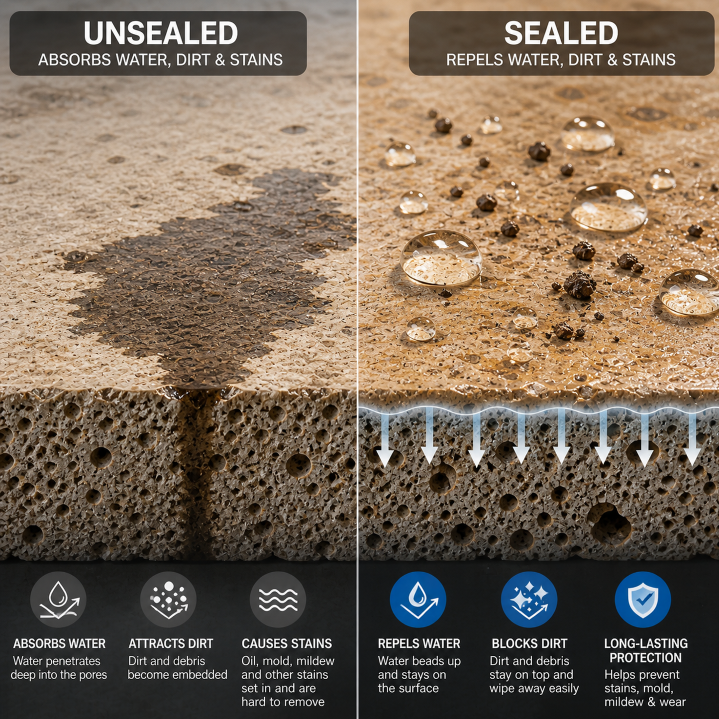 Comparison of unsealed and sealed concrete surfaces with water droplets and text describing properties.