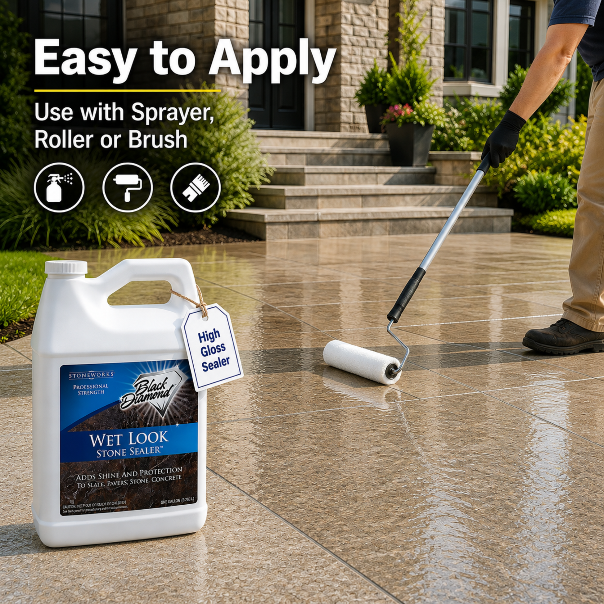 Person applying stone sealer with a roller on a patio, featuring a bottle of Wet Look Stone Sealer.
