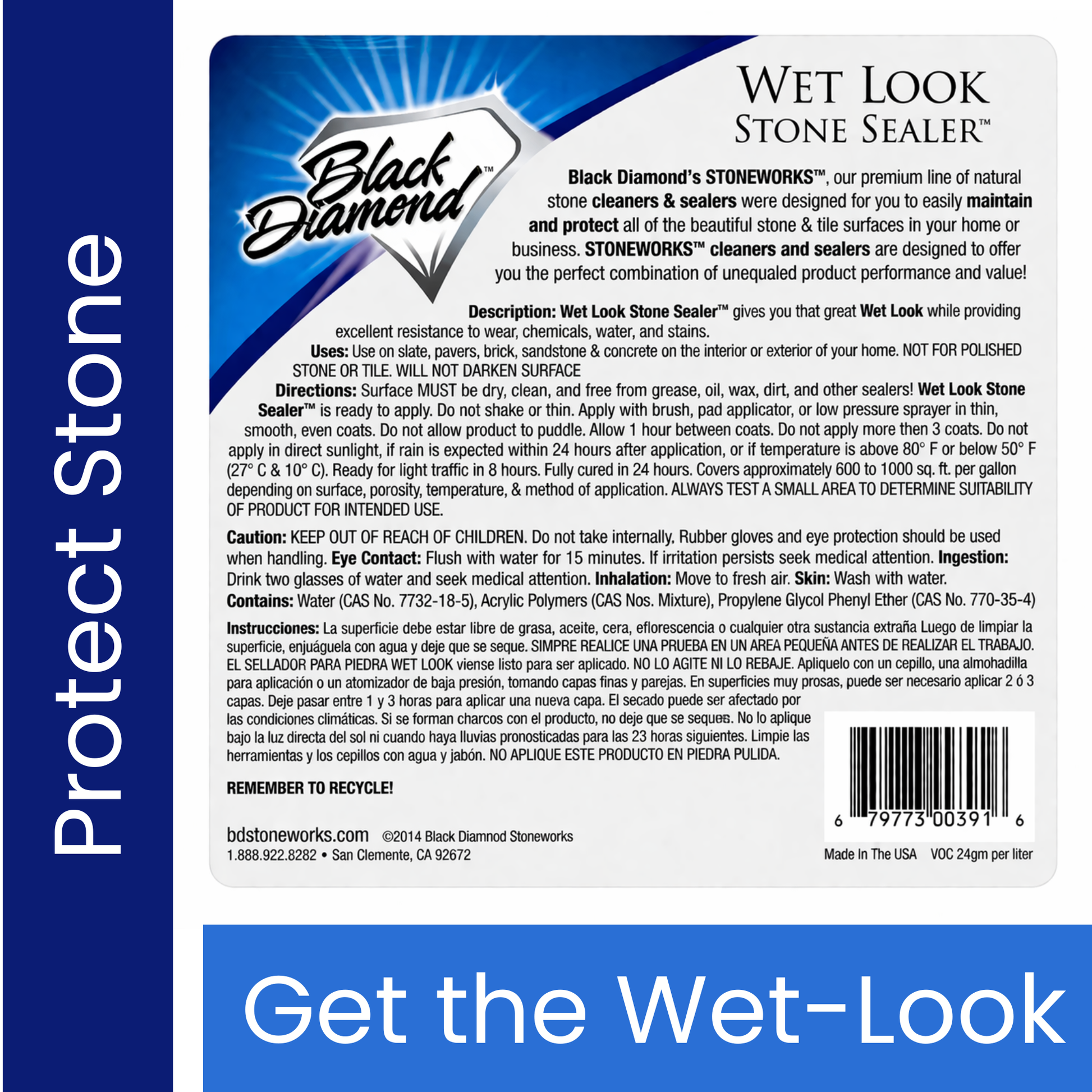 Wet look stone sealer back label