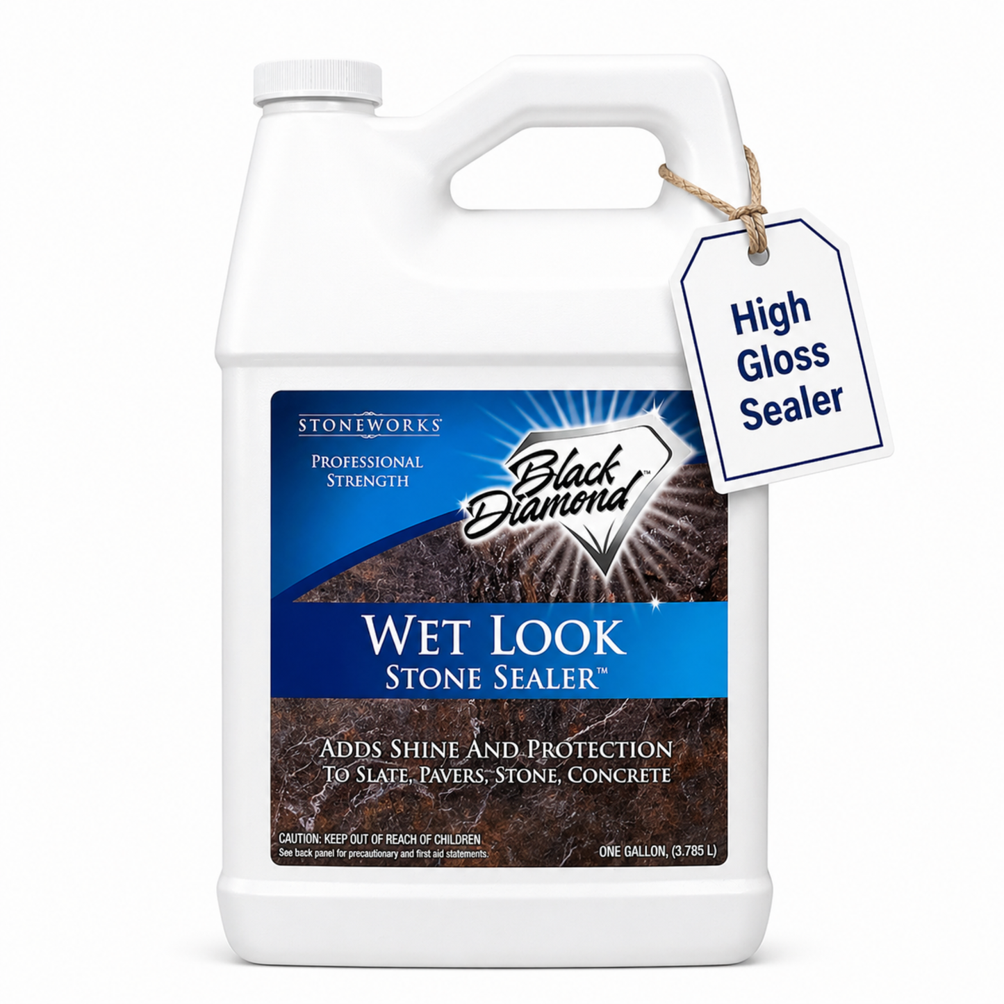 White bottle of Black Diamond Wet Look Stone Sealer with a label on a white background