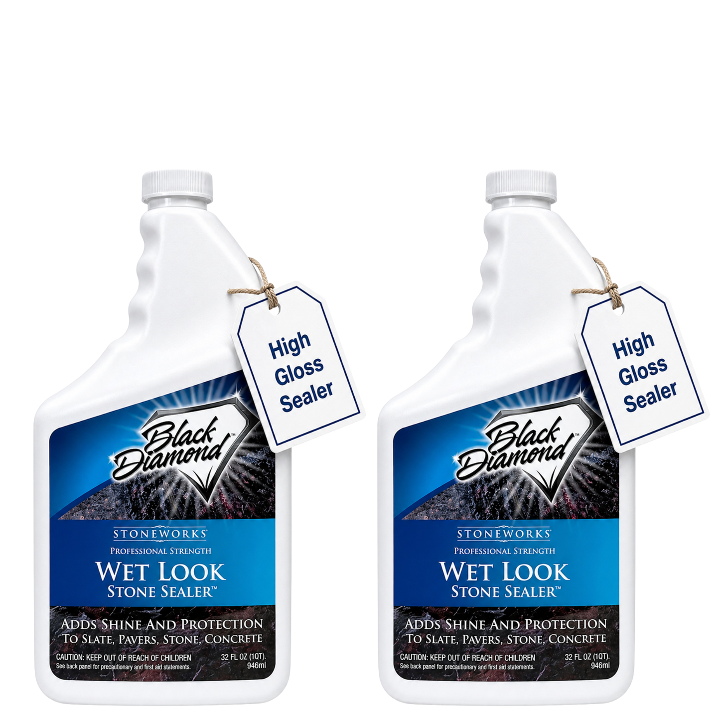 Two bottles of Black Diamond Wet Look Stone Sealer on a white background