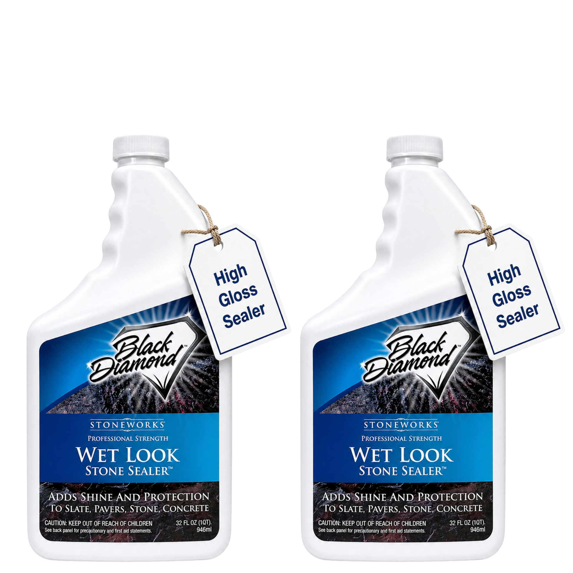 Two bottles of Black Diamond Wet Look Stone Sealer on a white background