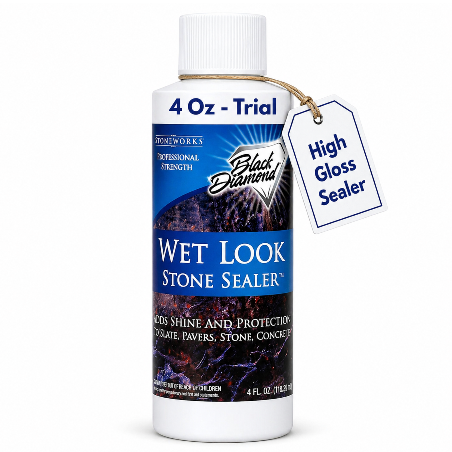 Bottle of Wet Look Stone Sealer with a tag indicating 'High Gloss Sealer' on a white background