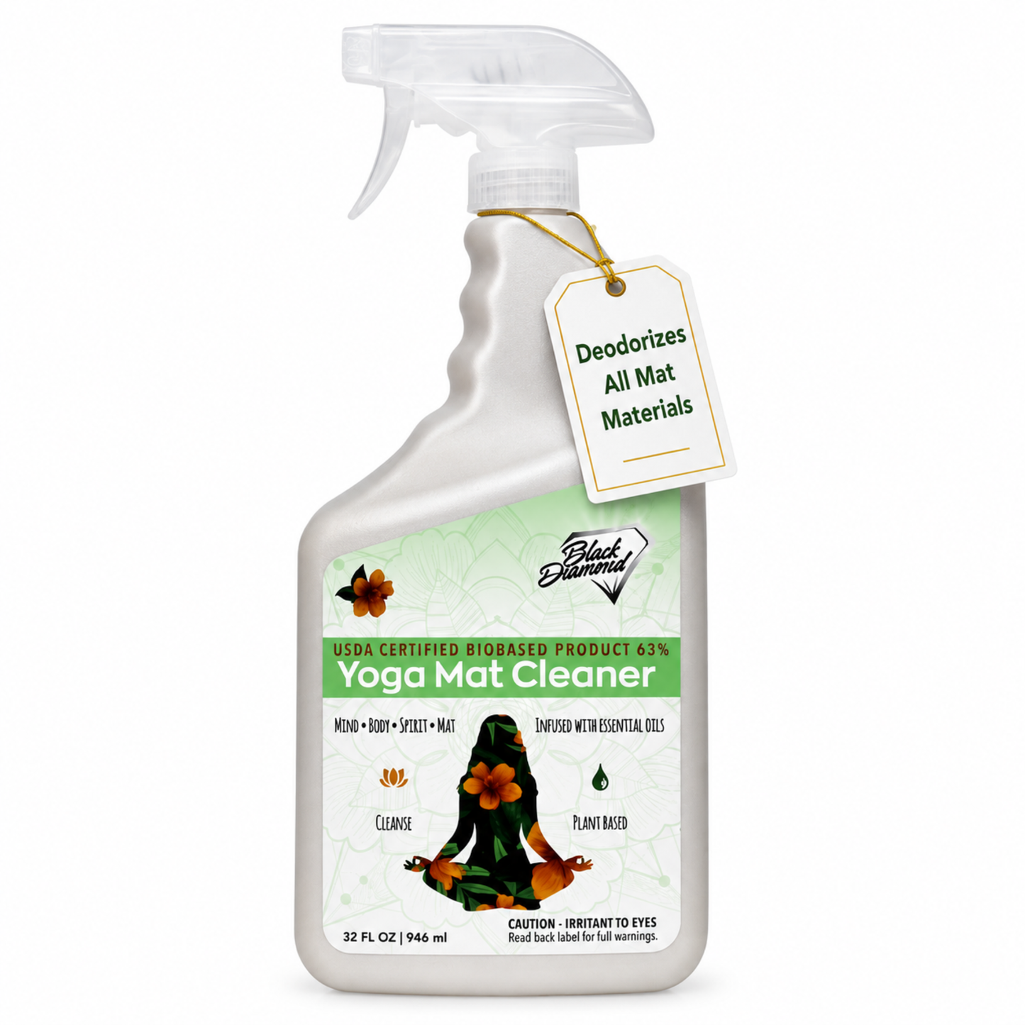 Yoga mat cleaner spray bottle with label on a white background