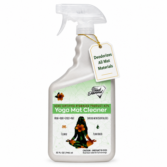 Yoga mat cleaner spray bottle with label on a white background