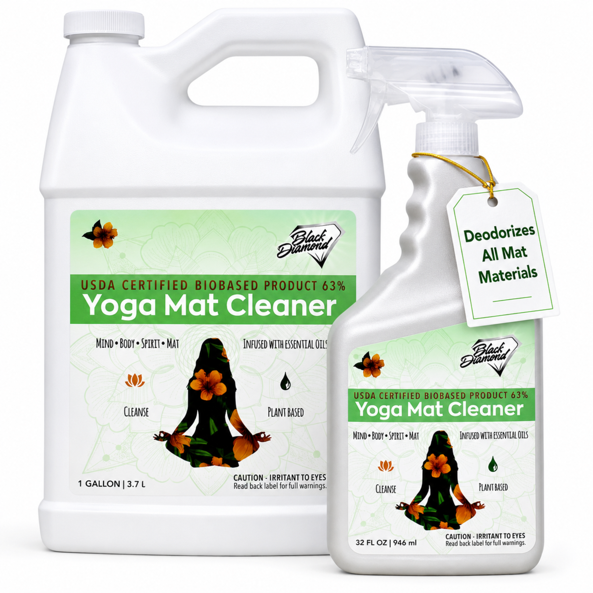 Yoga mat cleaner set with a gallon container and a spray bottle on a white background