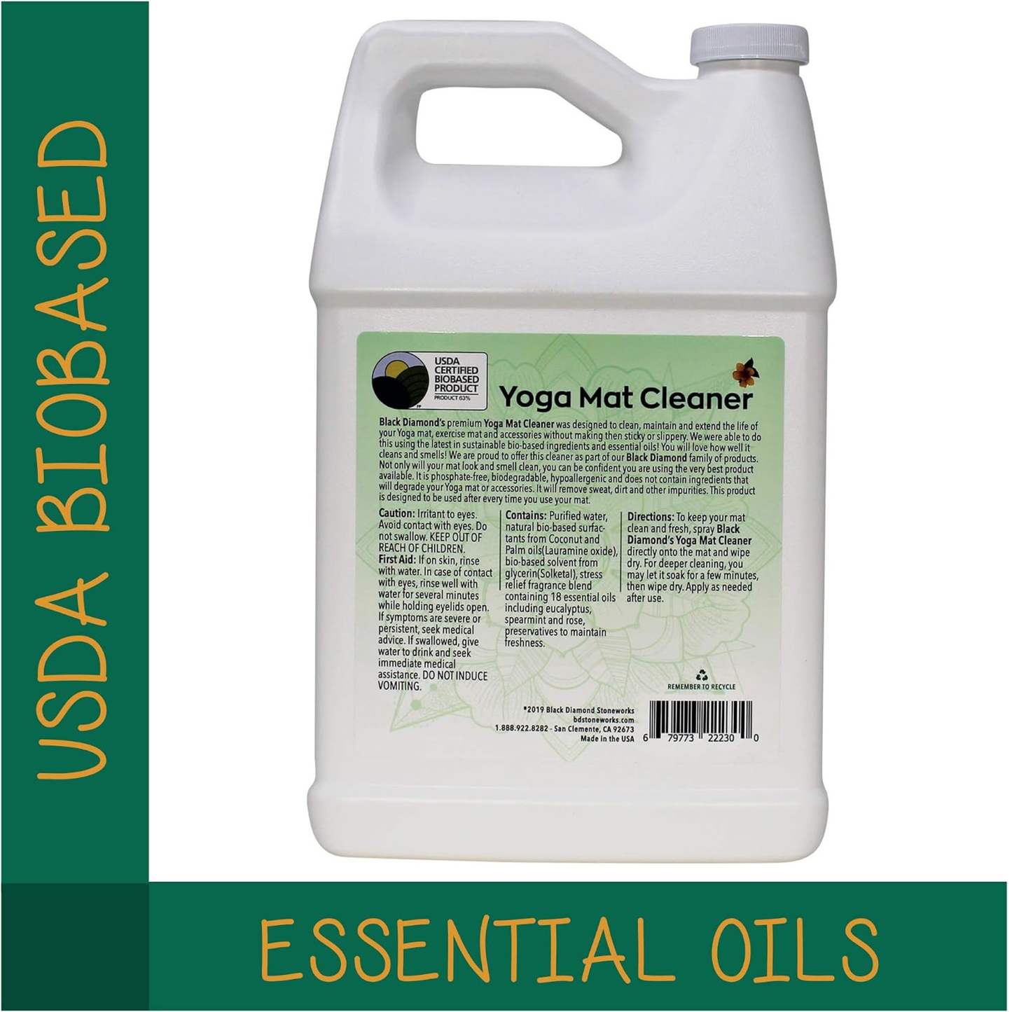 Yoga mat cleaner container with USDA Biobased and Essential Oils text on a white background