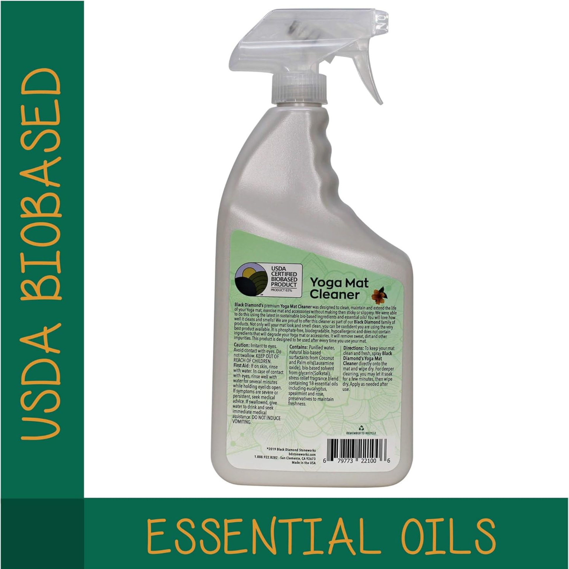 Yoga mat cleaner spray bottle with USDA Biobased and Essential Oils text on a white background