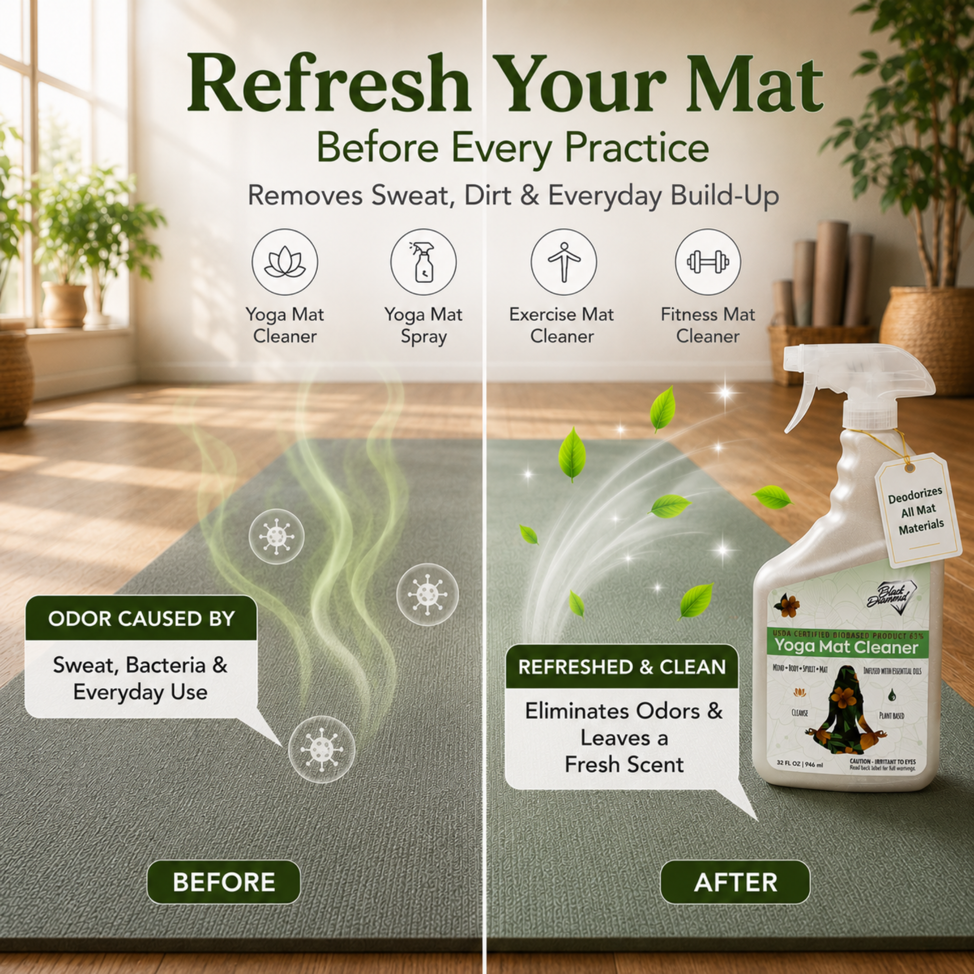 Yoga mat cleaner before and after use with a bottle of cleaner on a mat.