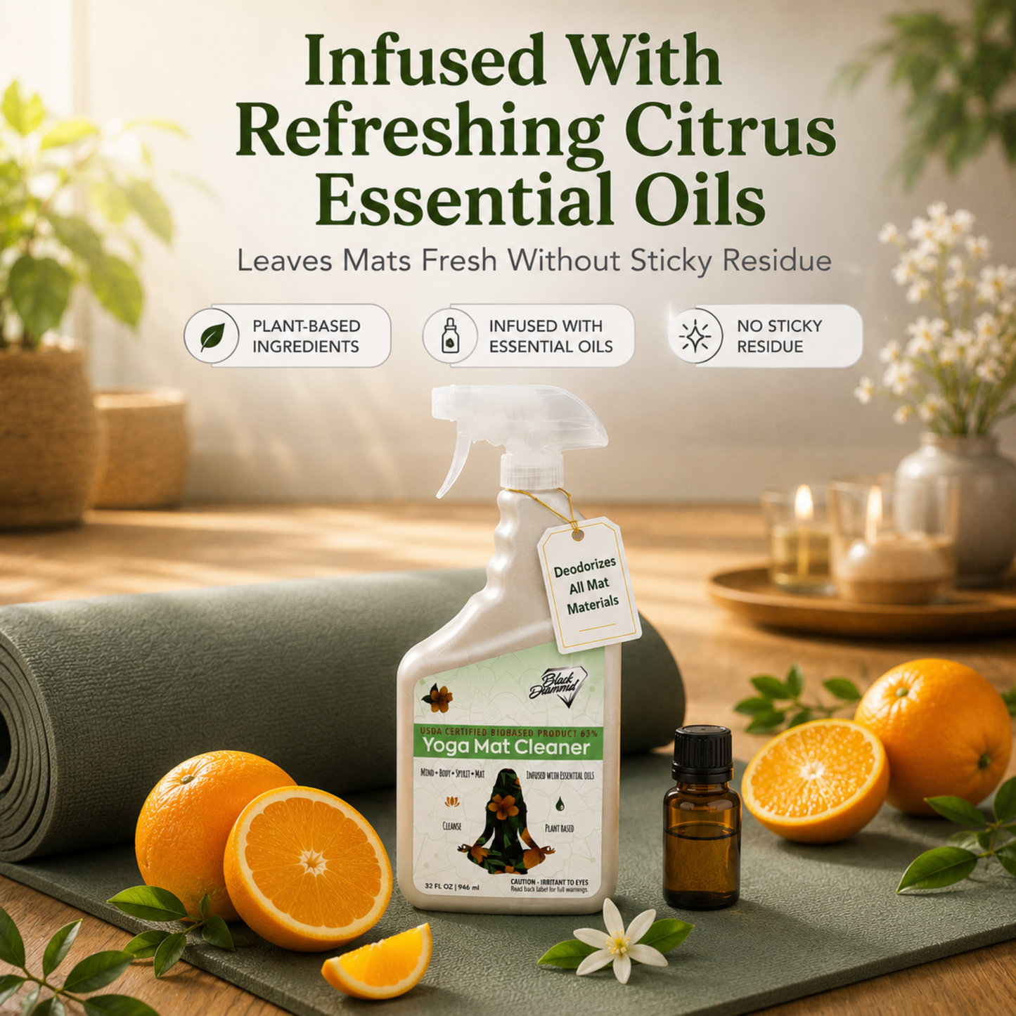 Yoga mat cleaner with oranges and essential oil bottle on a yoga mat, indoor setting.